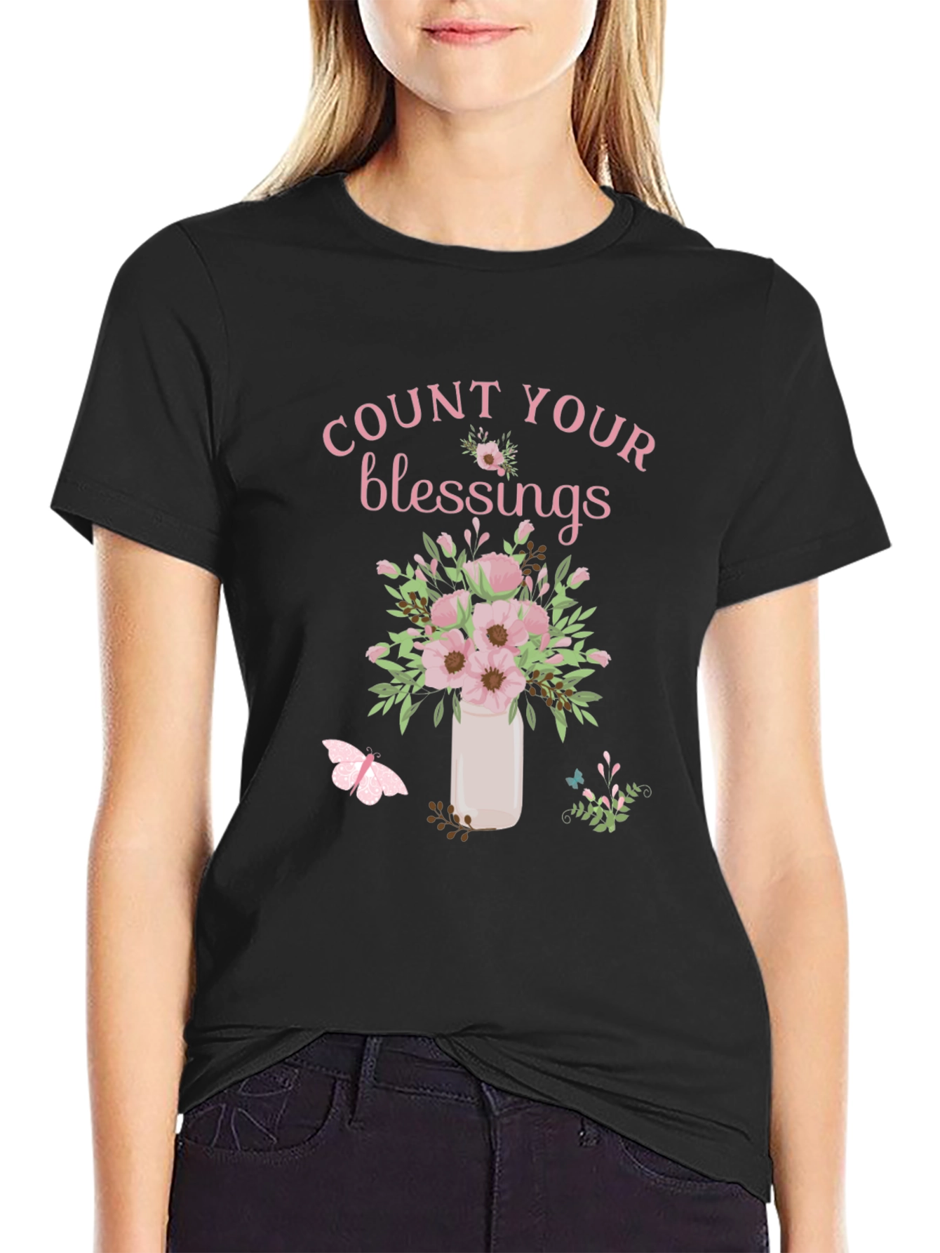 Camiseta Negra Count Your Blessings con Flores Rosadas