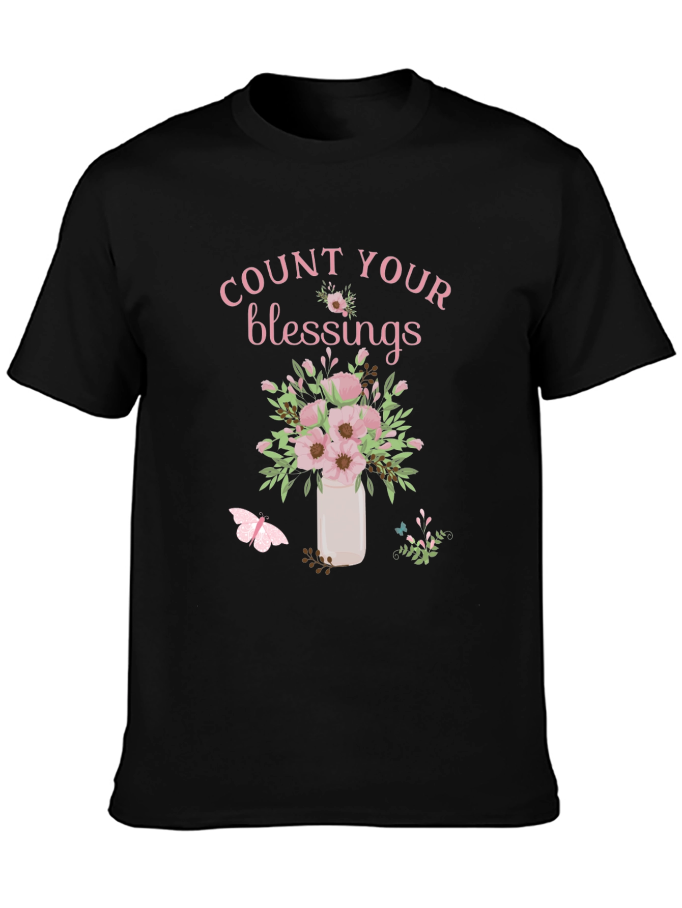Camiseta Negra Count Your Blessings con Flores Rosadas
