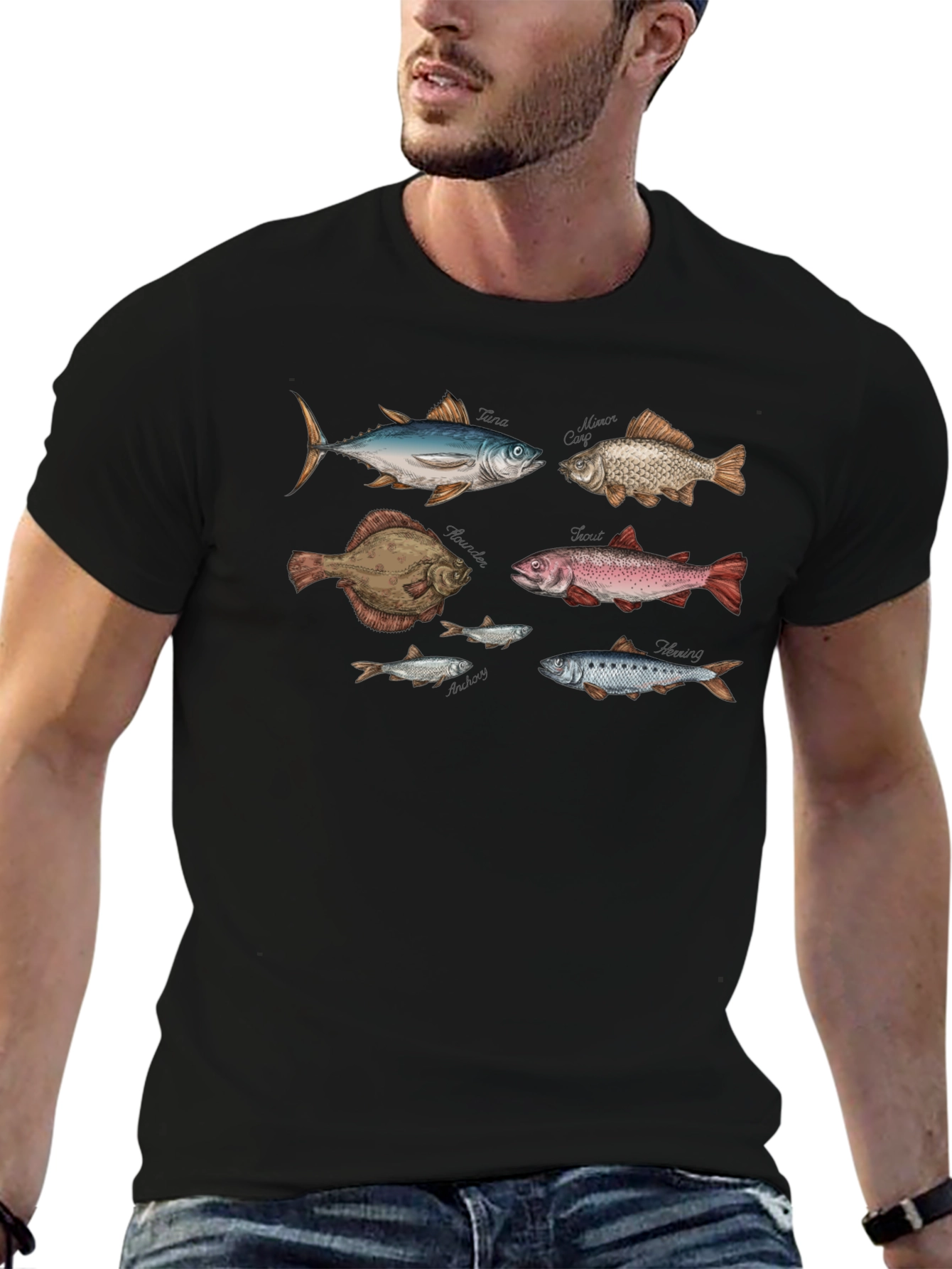 Camiseta Negra con Diseño de Peces