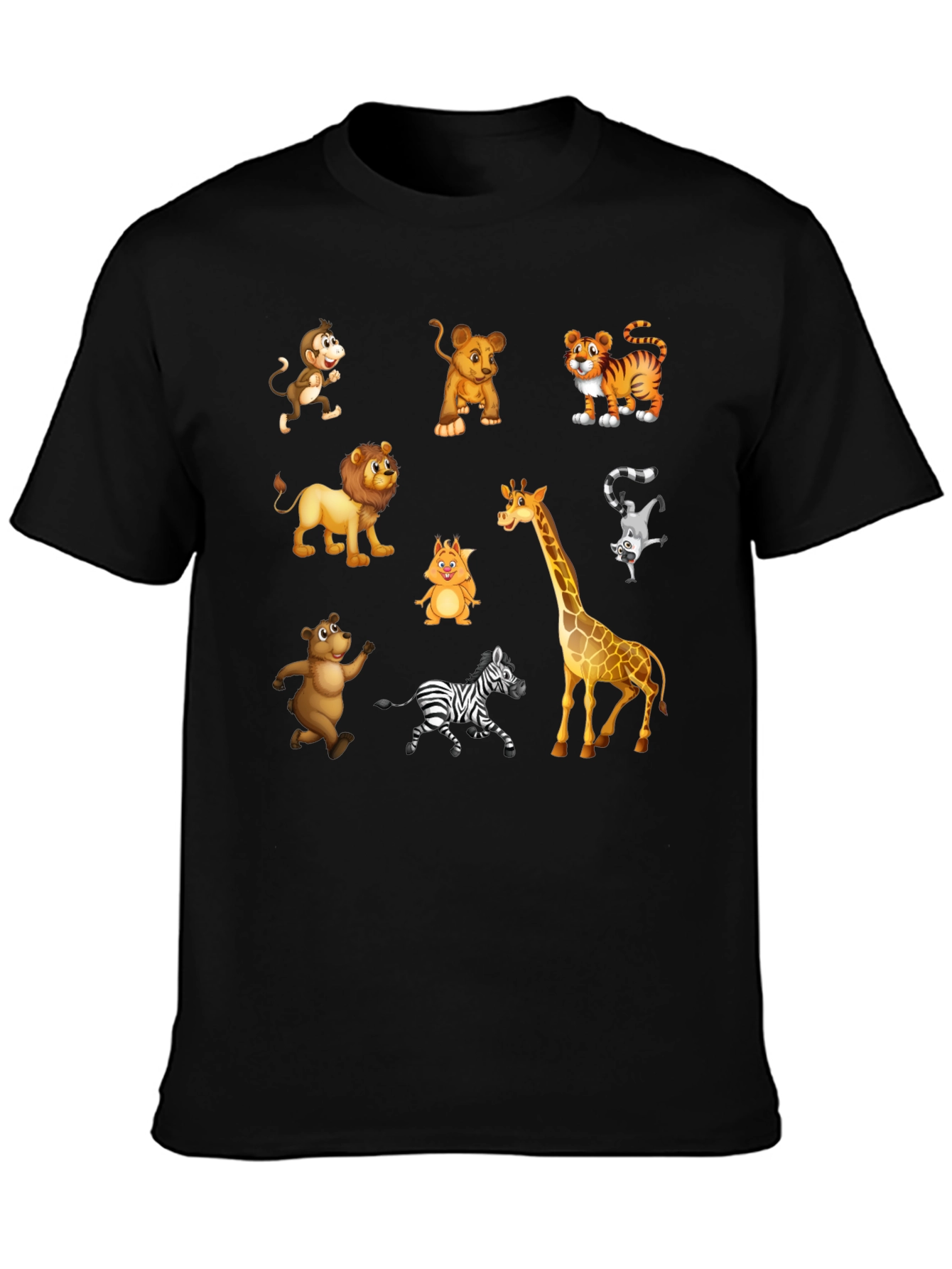 Camiseta Negra con Dibujos de Animales de la Selva