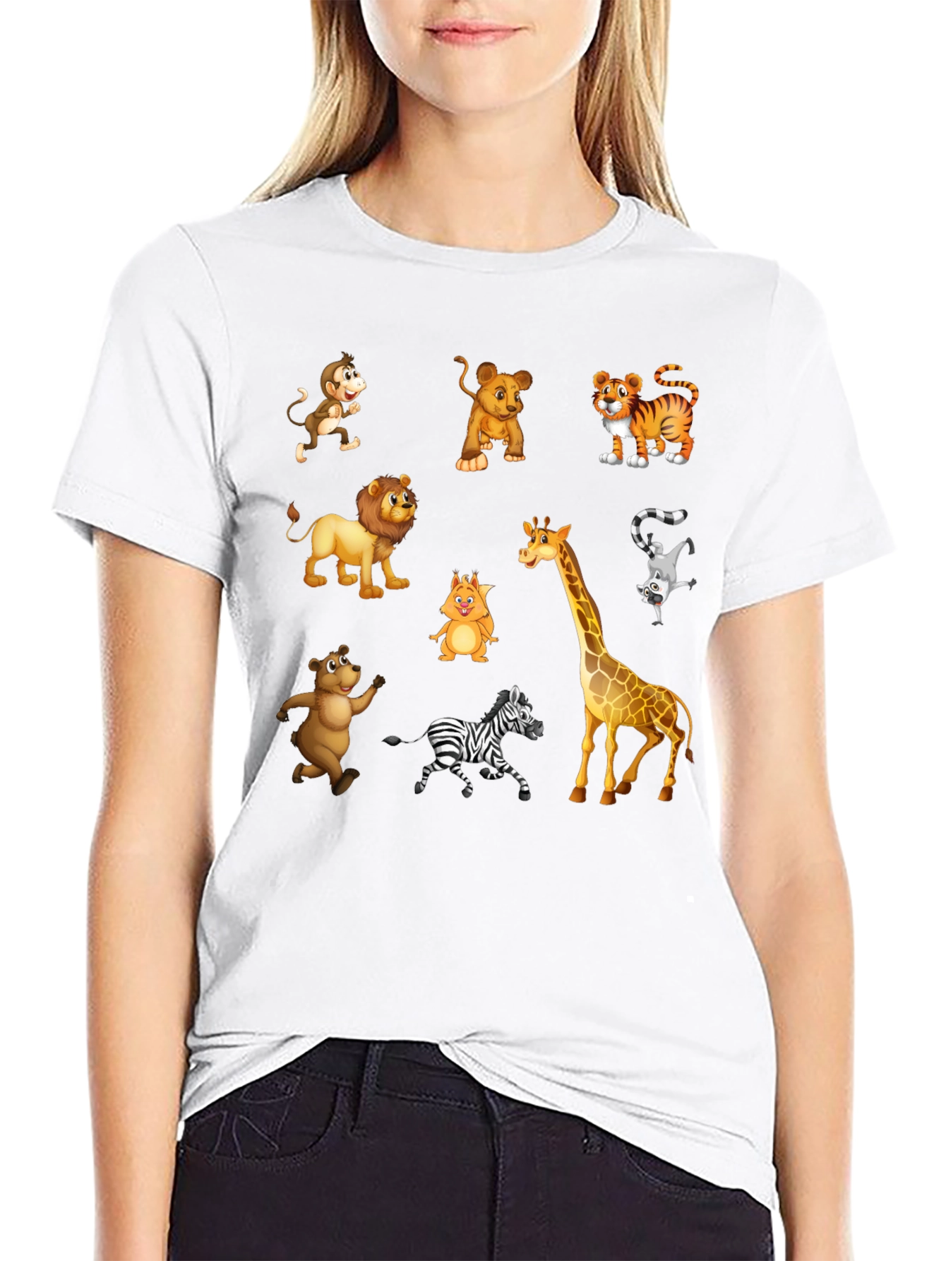 Camiseta Negra con Dibujos de Animales de la Selva