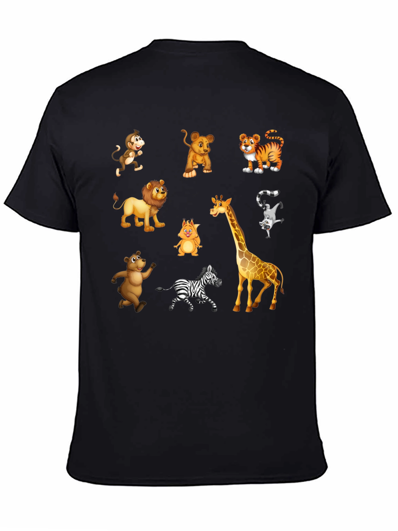Camiseta Negra con Dibujos de Animales de la Selva