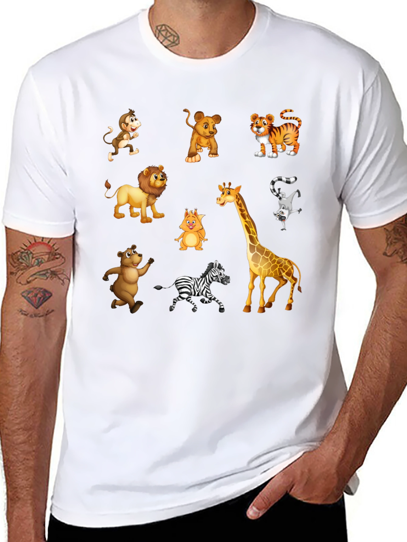 Camiseta Negra con Dibujos de Animales de la Selva
