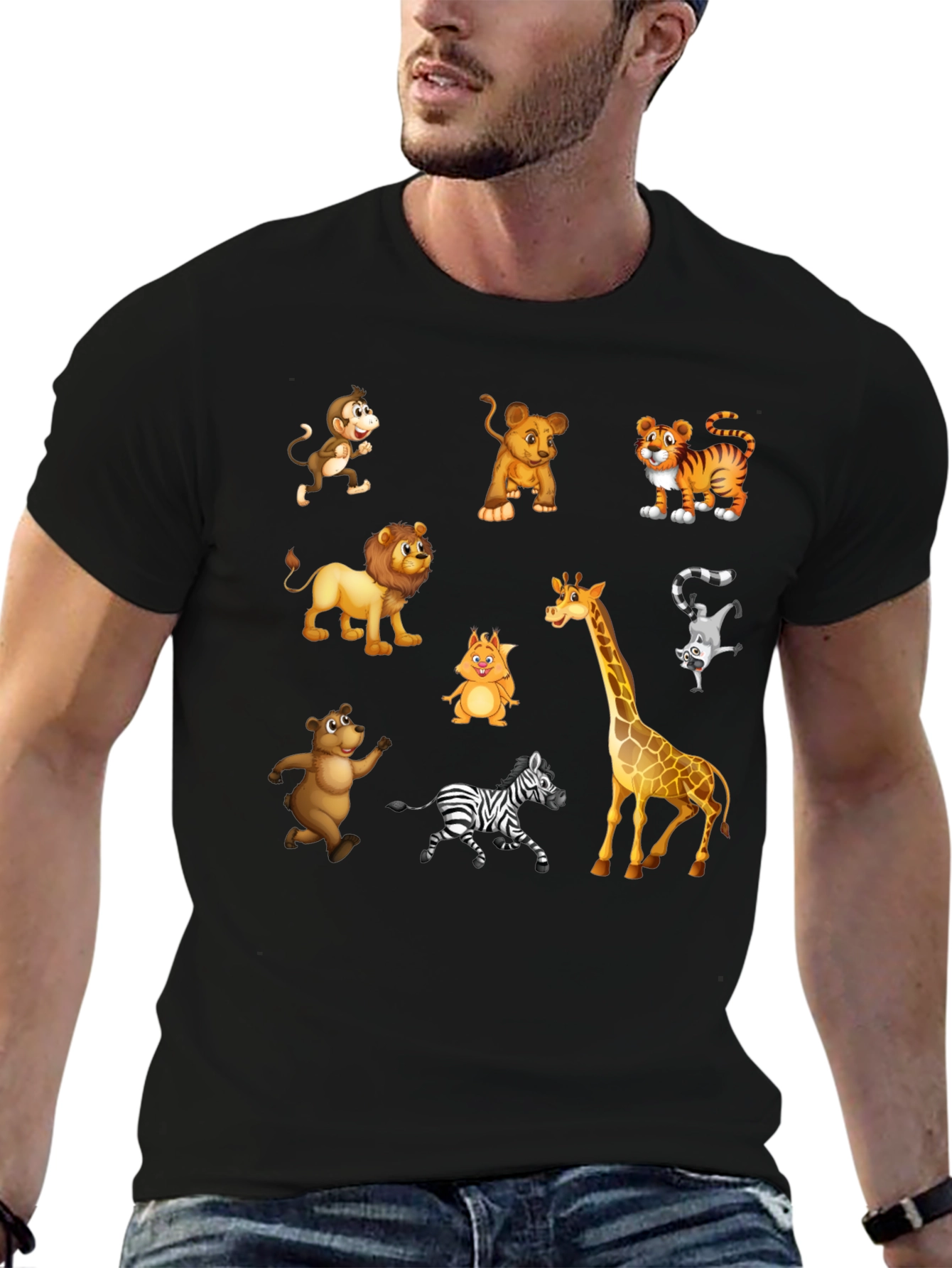 Camiseta Negra con Dibujos de Animales de la Selva