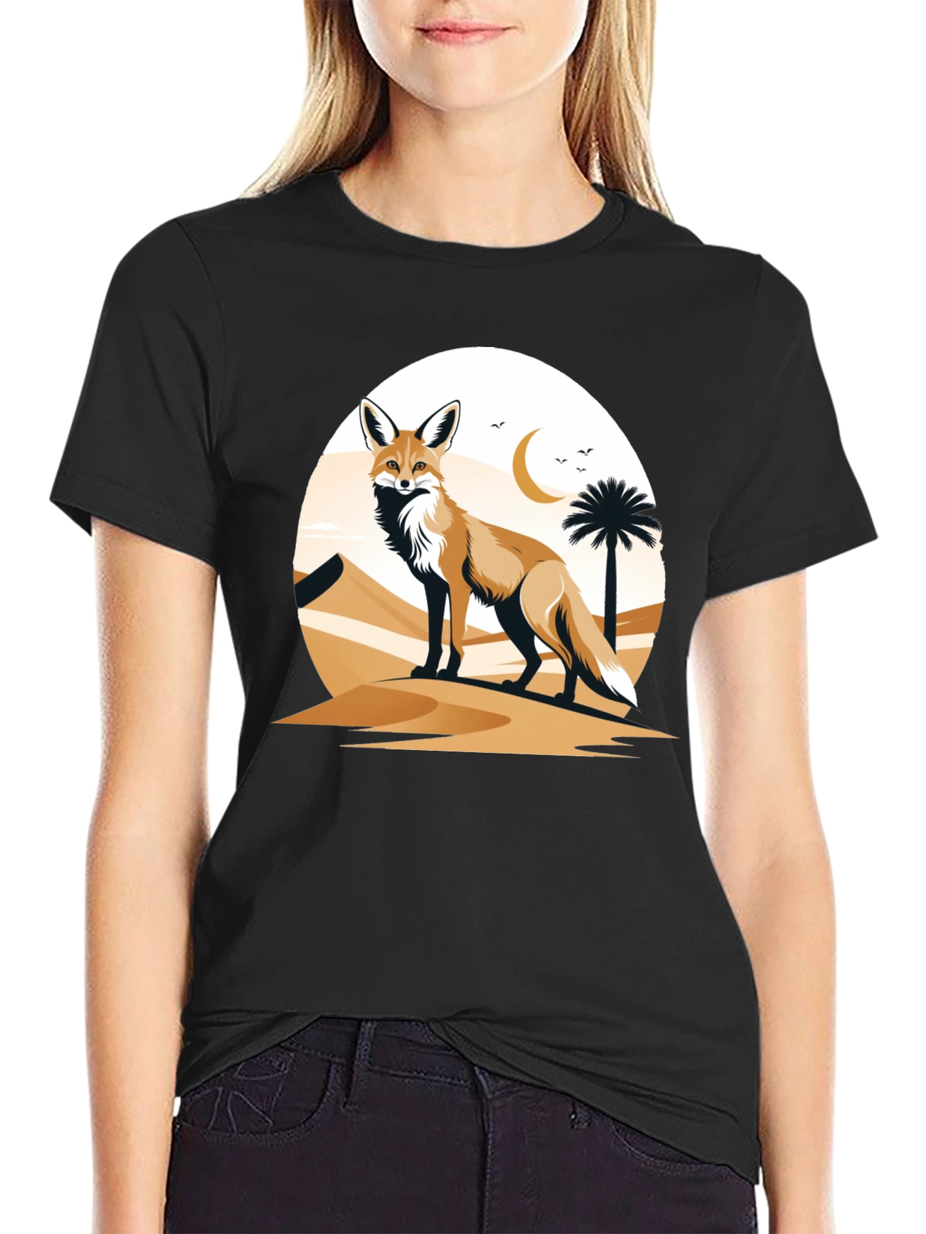 Camiseta Negra con Diseño de Zorro del Desierto
