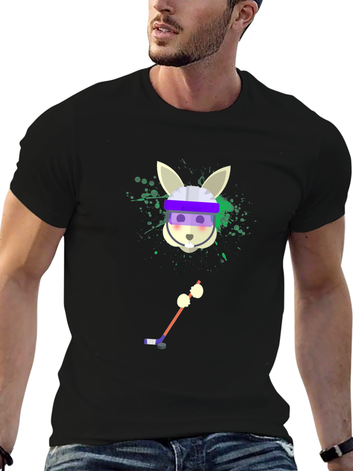 Camiseta Negra Gráfica de Conejo Jugador de Hockey