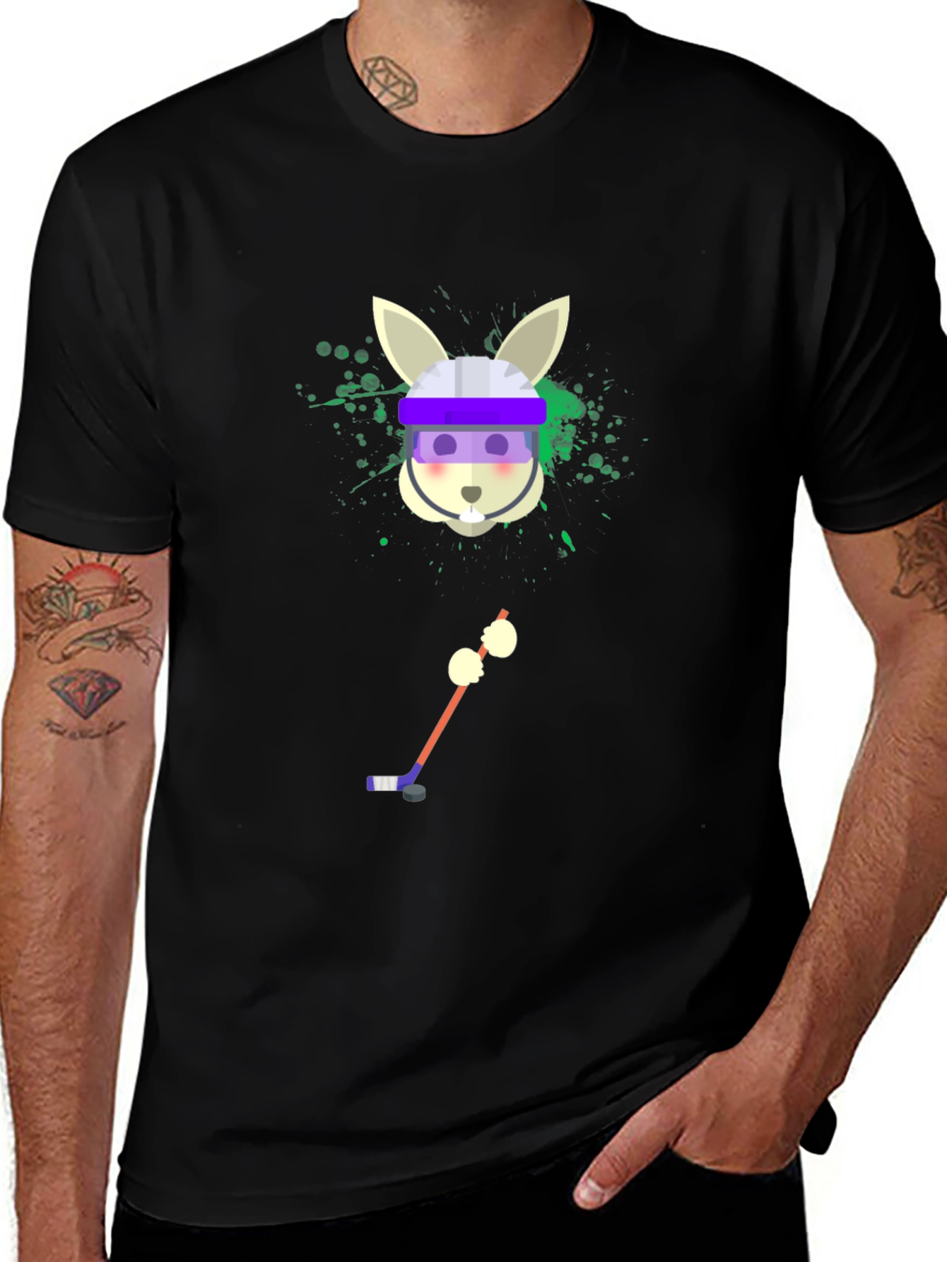 Camiseta Negra Gráfica de Conejo Jugador de Hockey