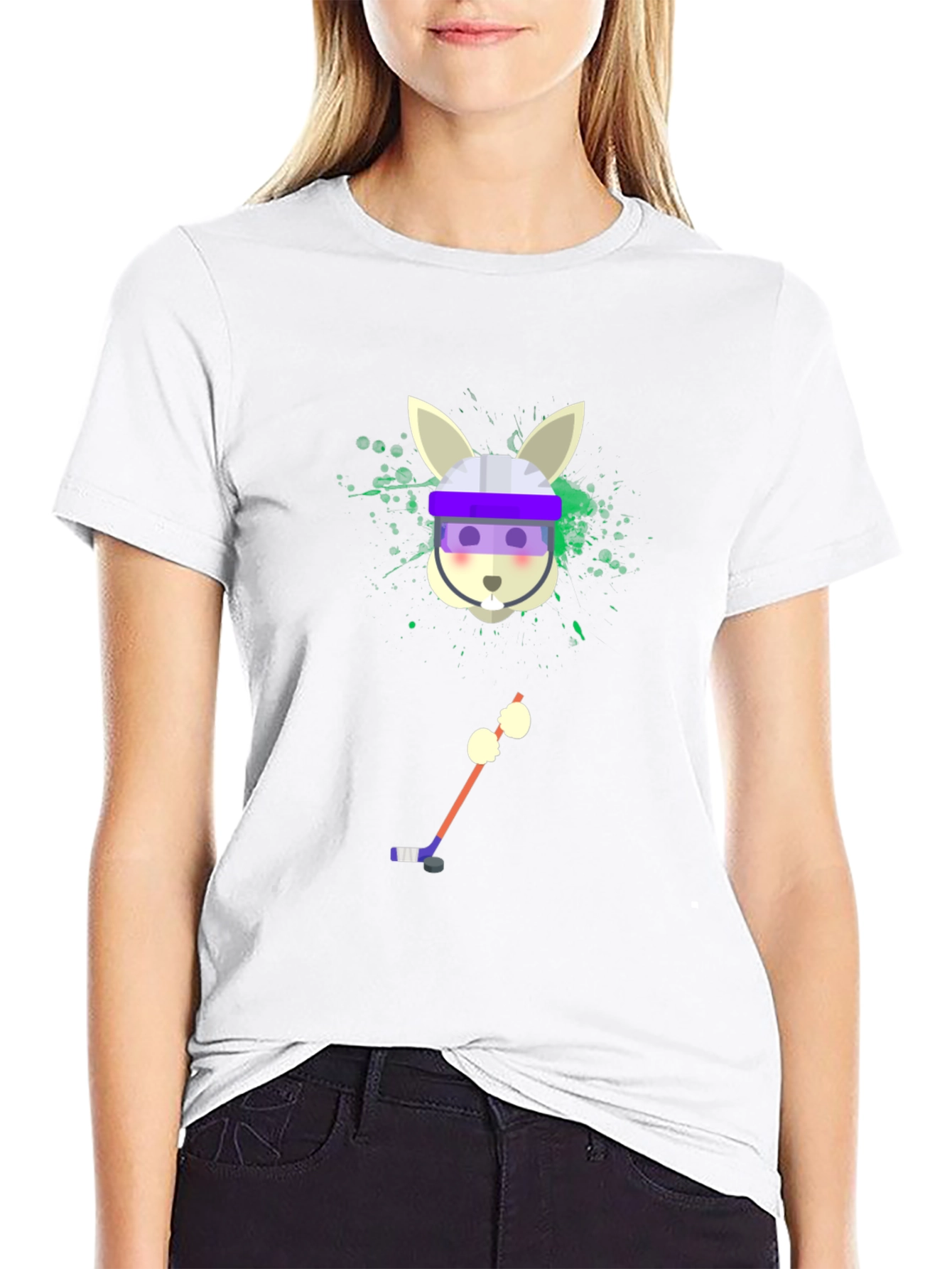 Camiseta Negra Gráfica de Conejo Jugador de Hockey