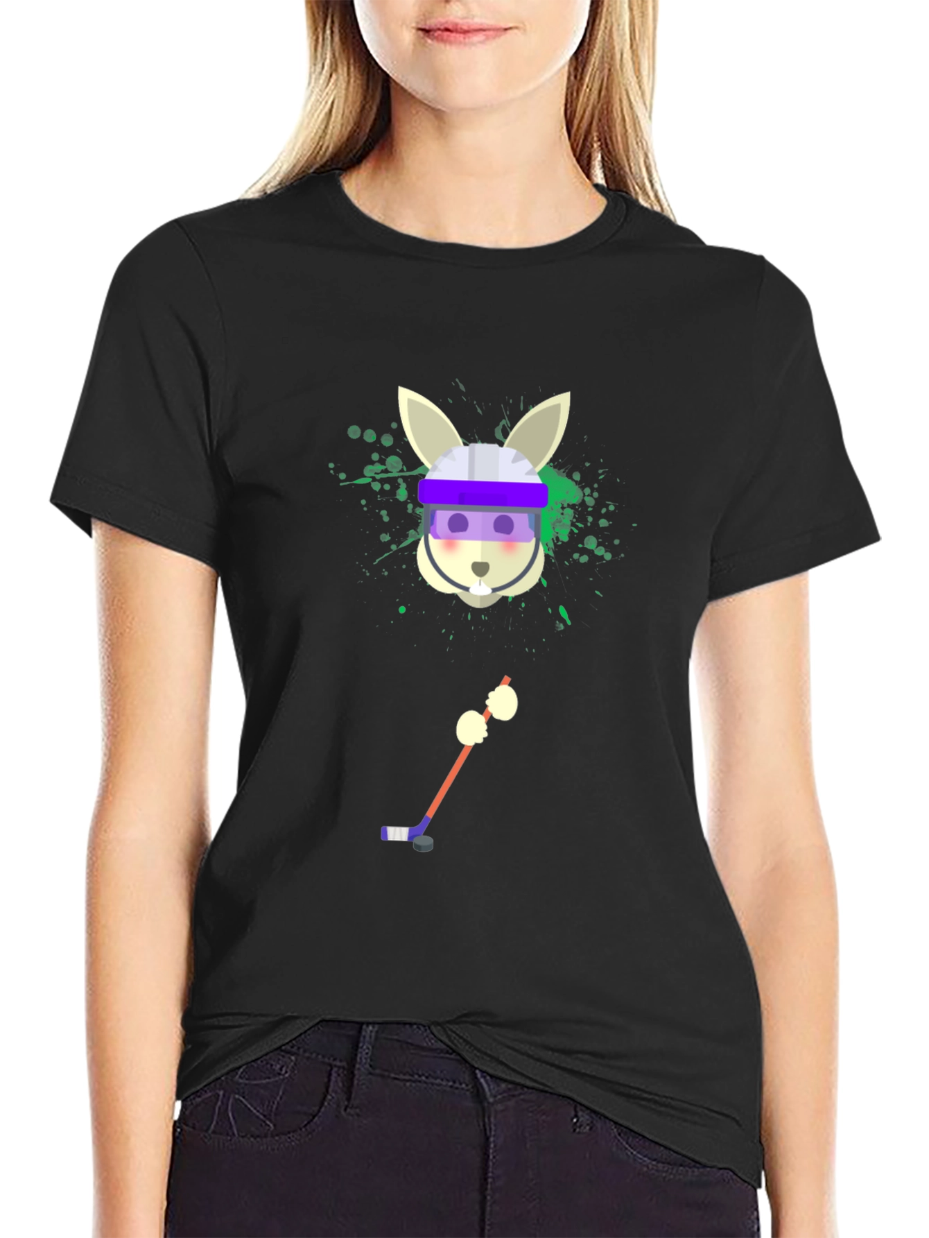 Camiseta Negra Gráfica de Conejo Jugador de Hockey