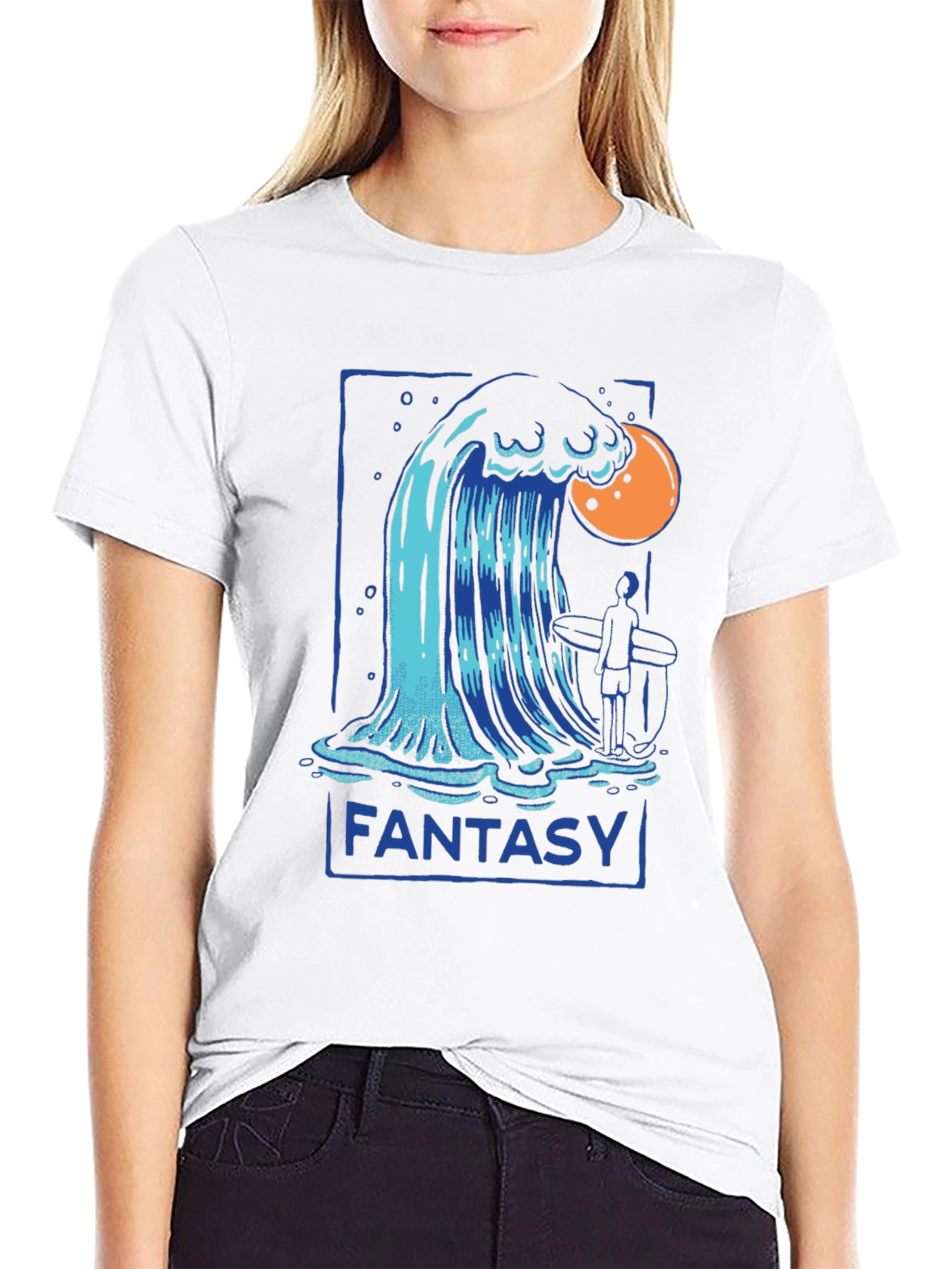 Camiseta Negra Fantasía con Diseño de Ola y Surfista