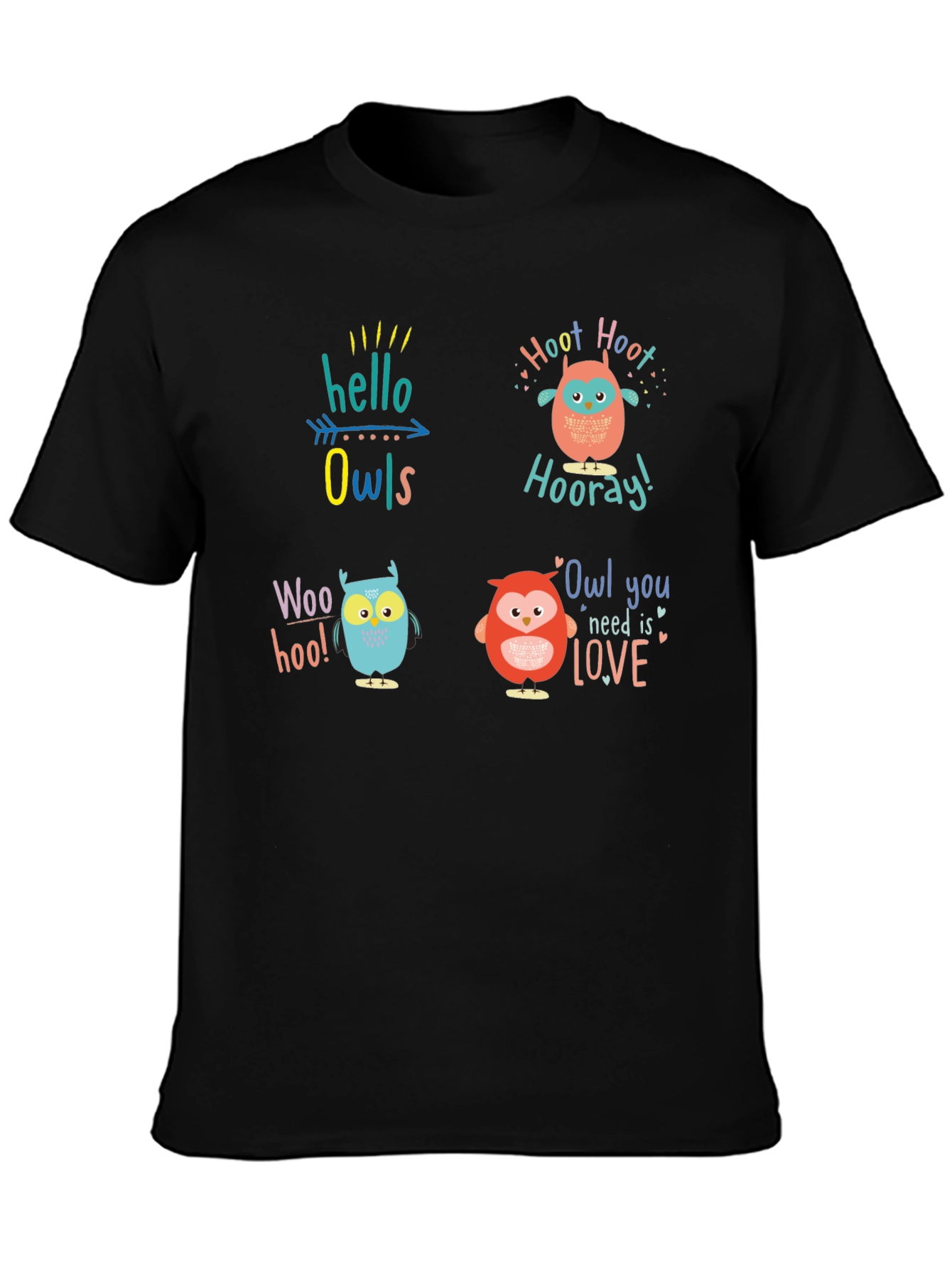 Camiseta Negra con Diseño de Búhos Divertidos