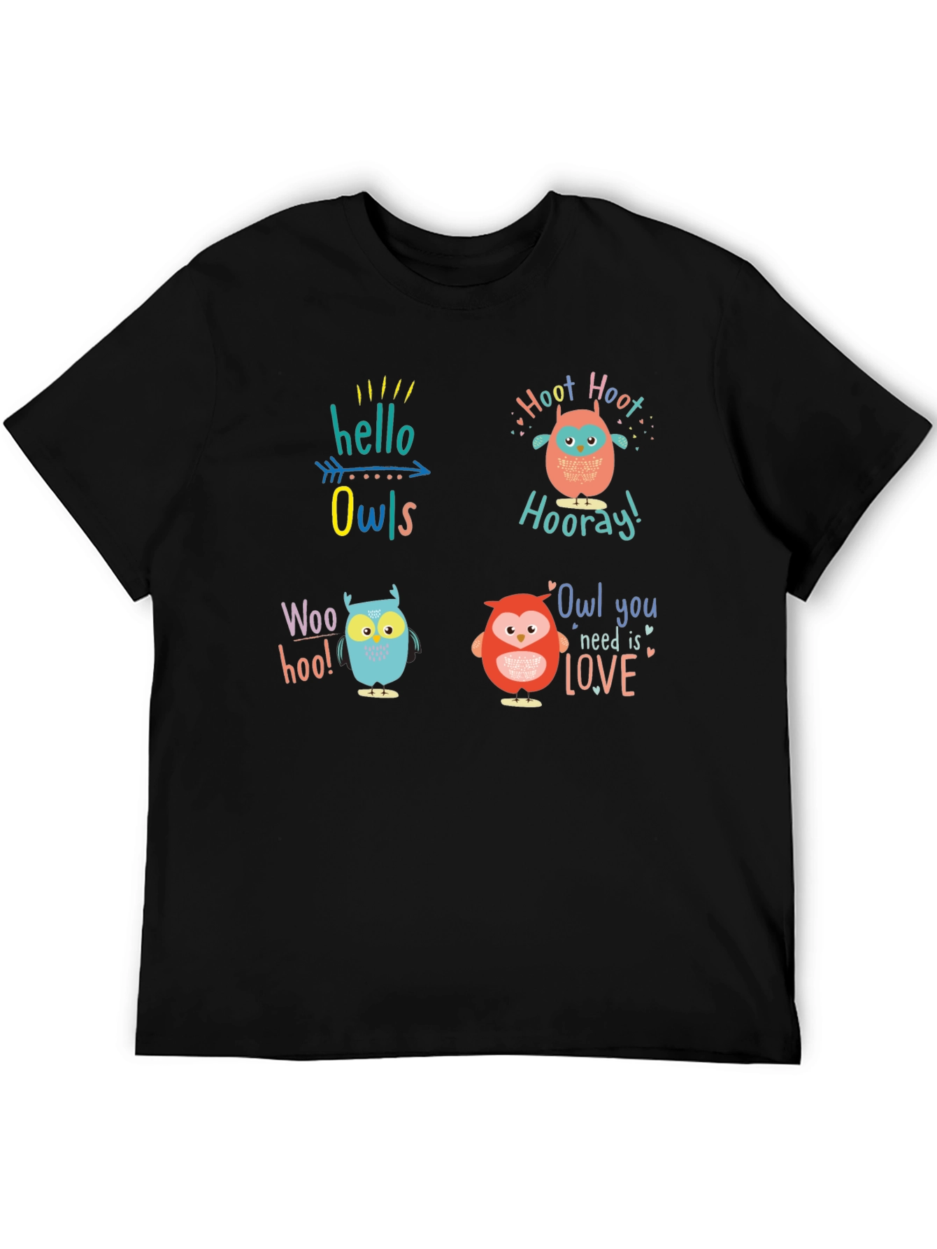 Camiseta Negra con Diseño de Búhos Divertidos