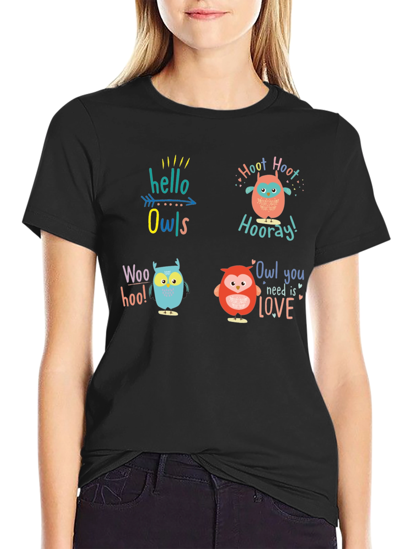 Camiseta Negra con Diseño de Búhos Divertidos