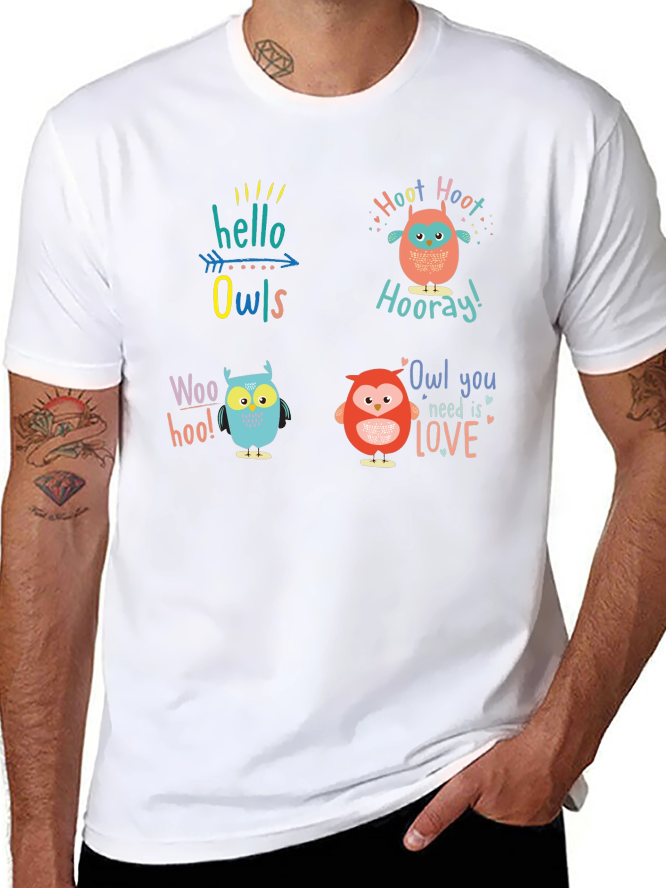Camiseta Negra con Diseño de Búhos Divertidos