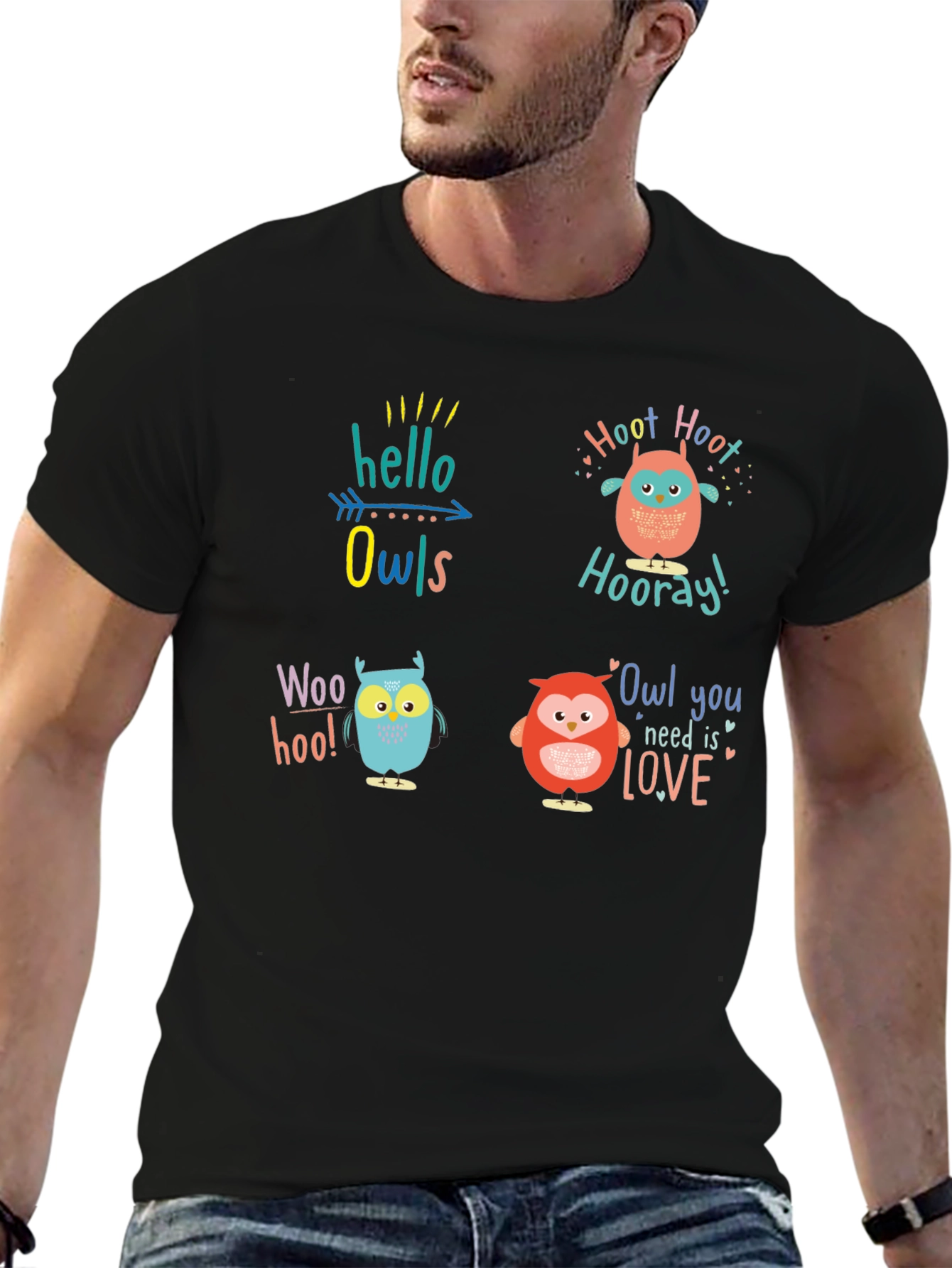 Camiseta Negra con Diseño de Búhos Divertidos