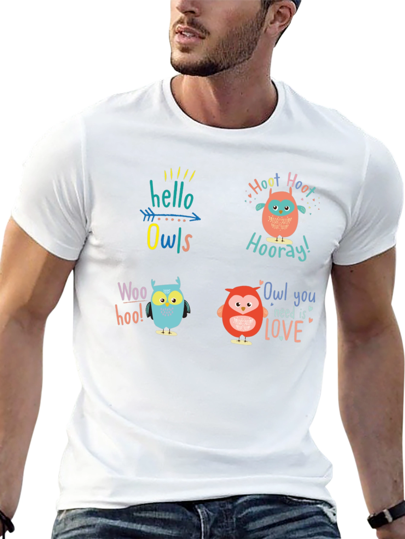 Camiseta Negra con Diseño de Búhos Divertidos