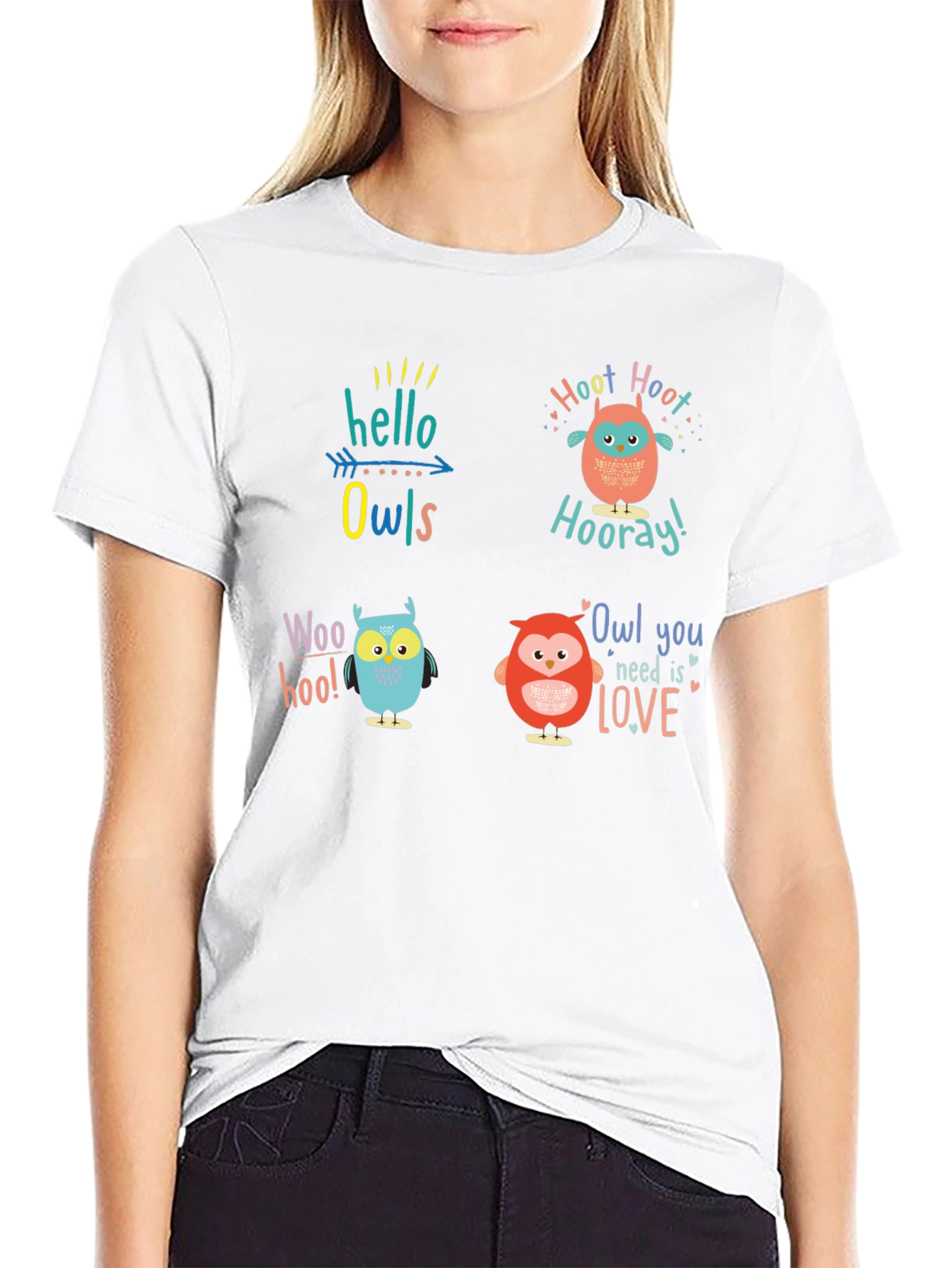 Camiseta Negra con Diseño de Búhos Divertidos