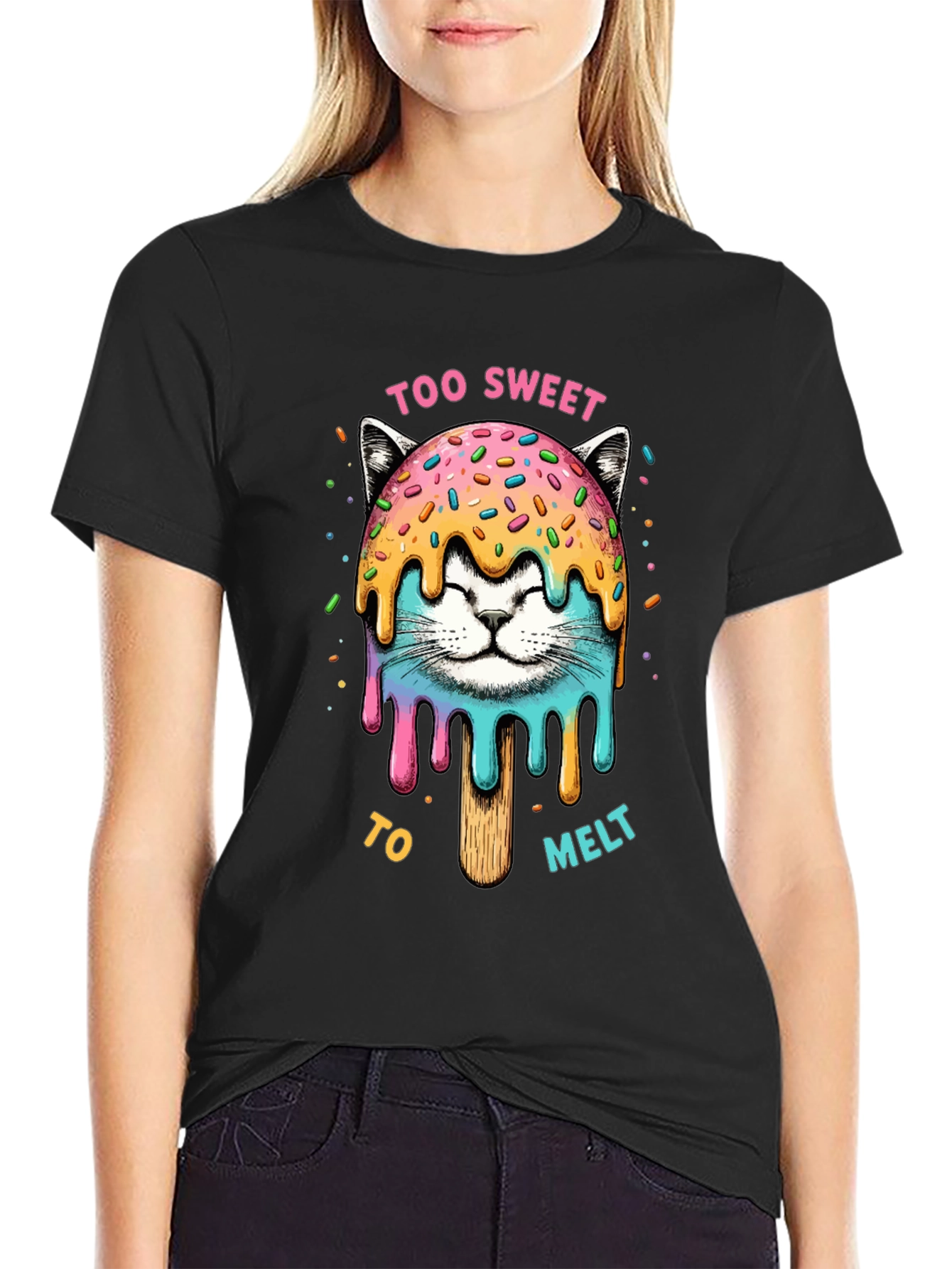 Camiseta Negra con Diseño de Gato Helado