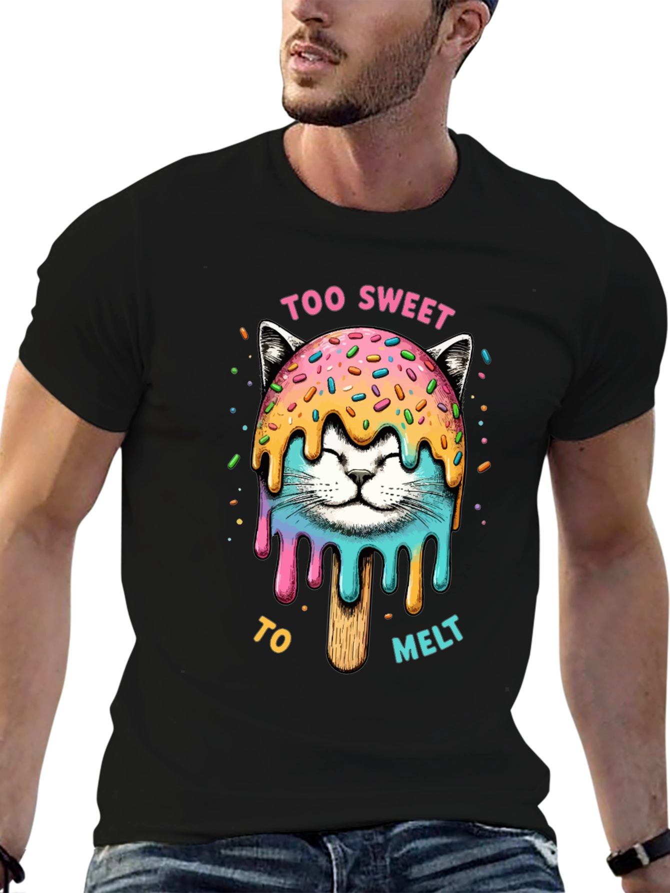 Camiseta Negra con Diseño de Gato Helado