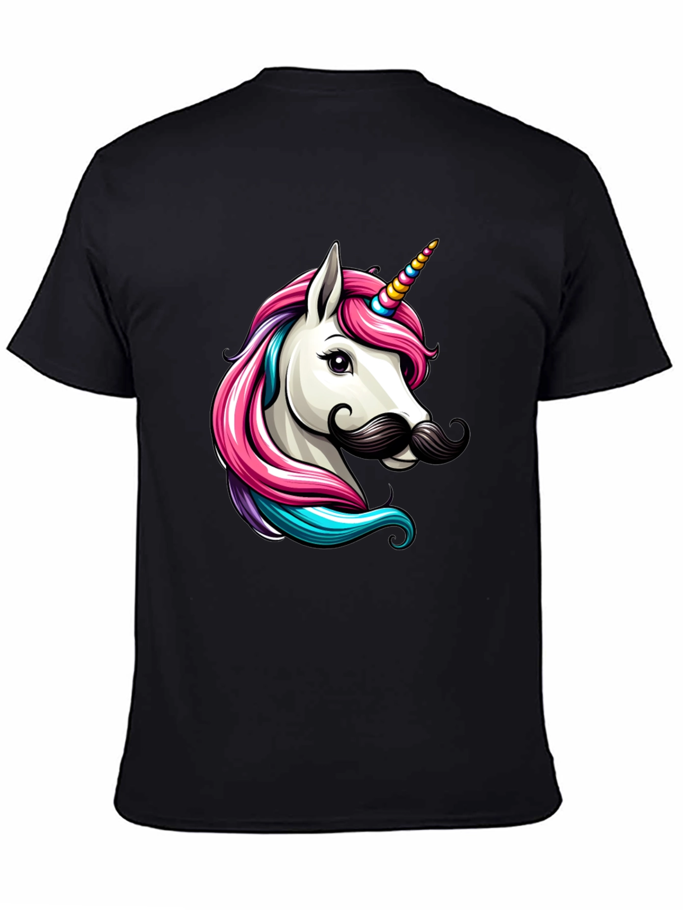 Camiseta Negra Unicornio con Bigote Divertido