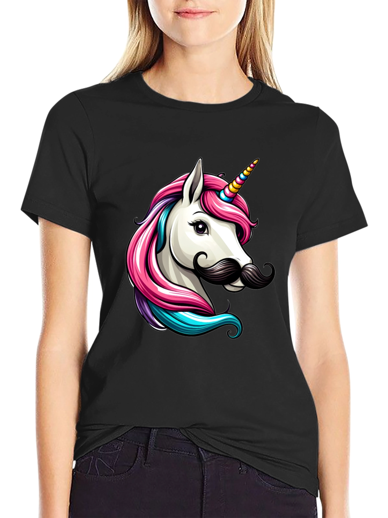 Camiseta Negra Unicornio con Bigote Divertido