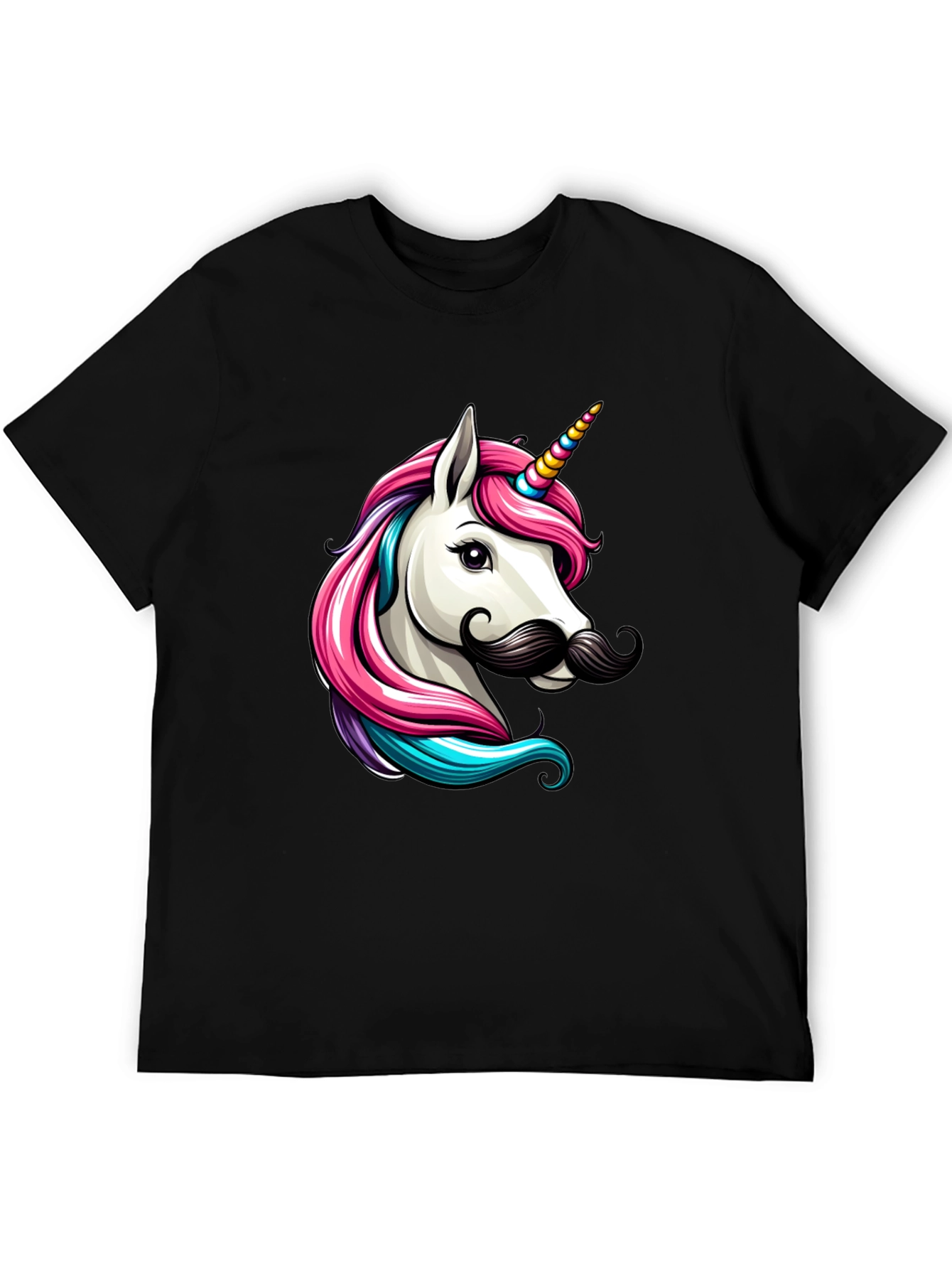 Camiseta Negra Unicornio con Bigote Divertido