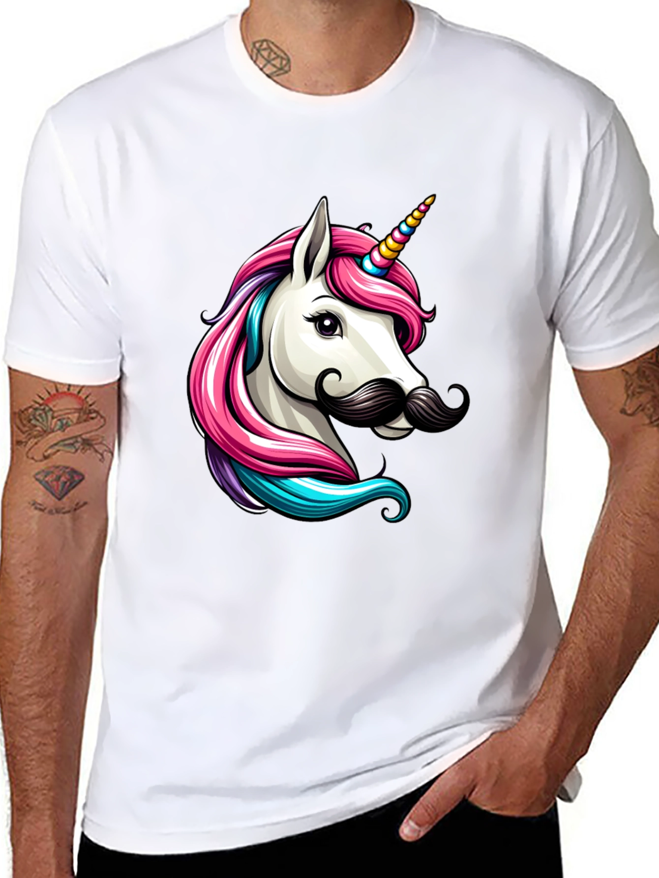 Camiseta Negra Unicornio con Bigote Divertido