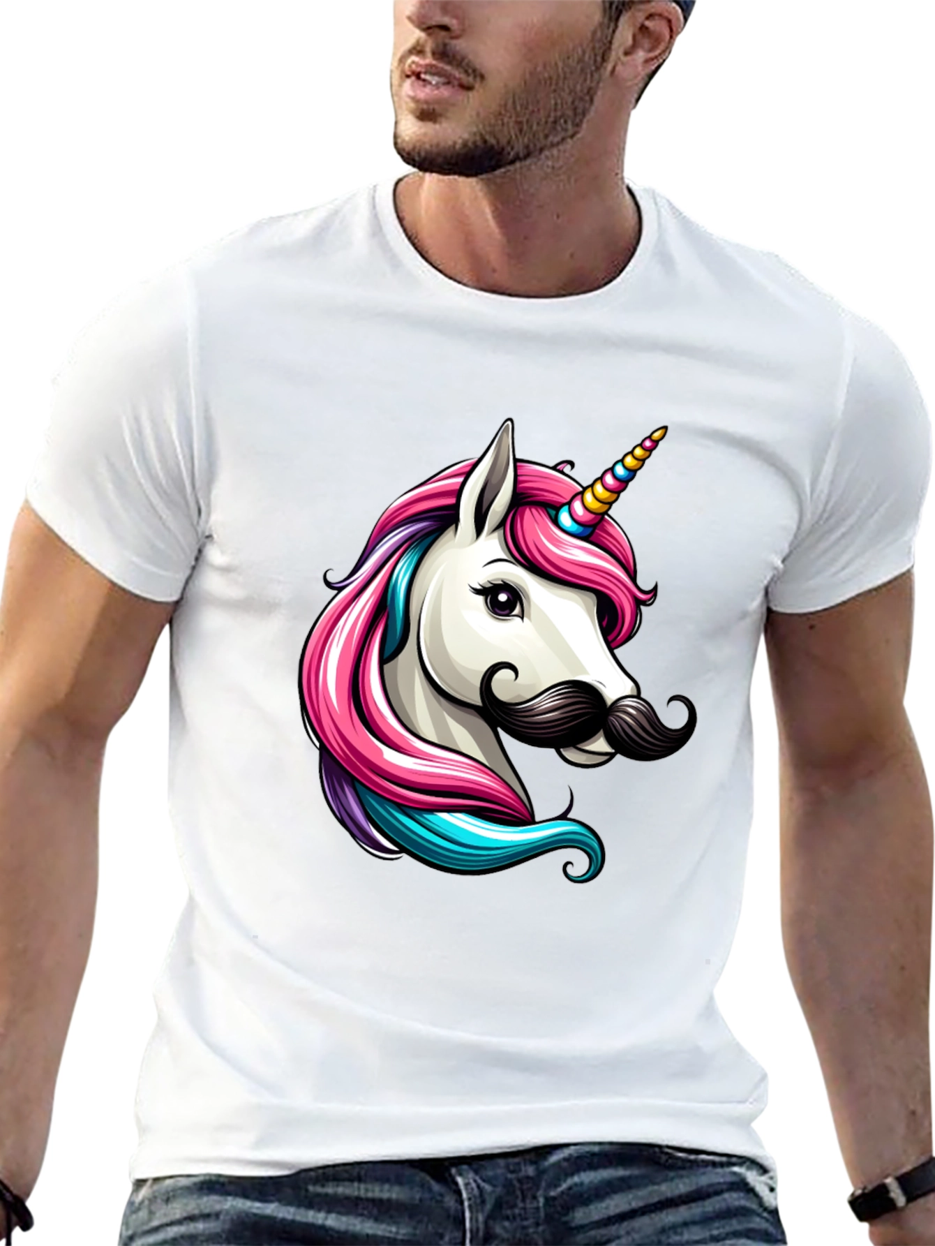 Camiseta Negra Unicornio con Bigote Divertido