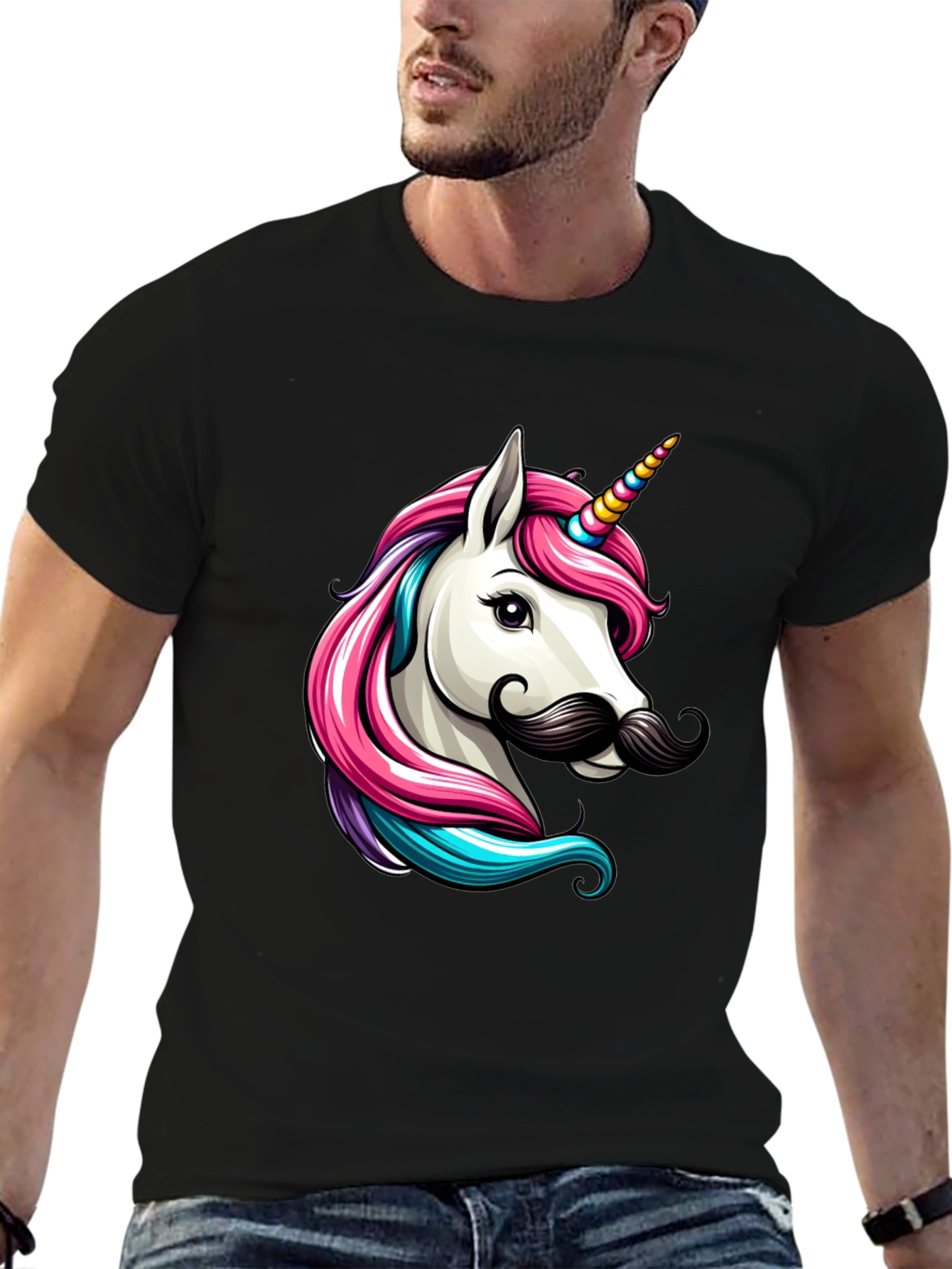 Camiseta Negra Unicornio con Bigote Divertido