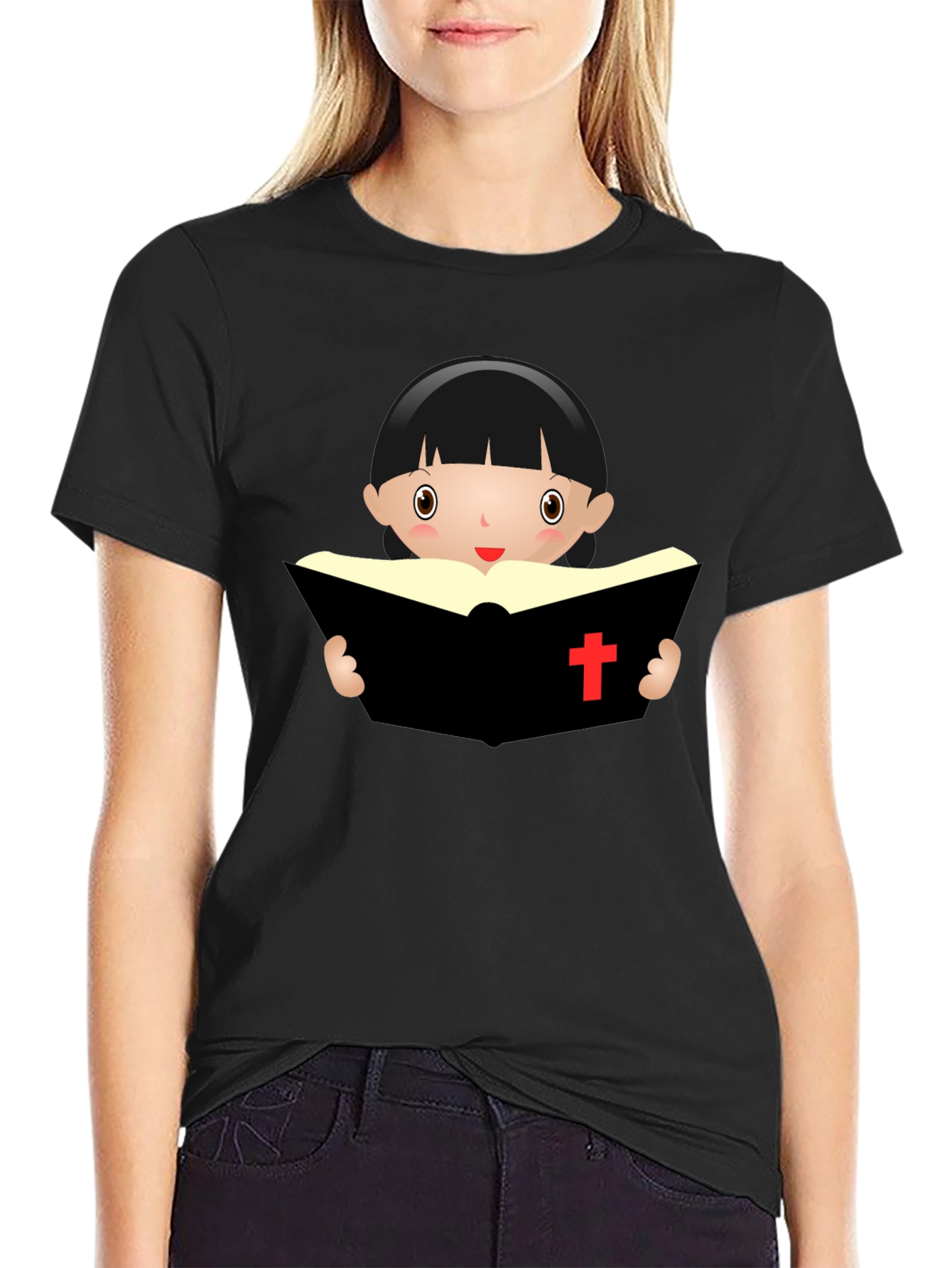 Camiseta Negra con Diseño de Niña Lectora