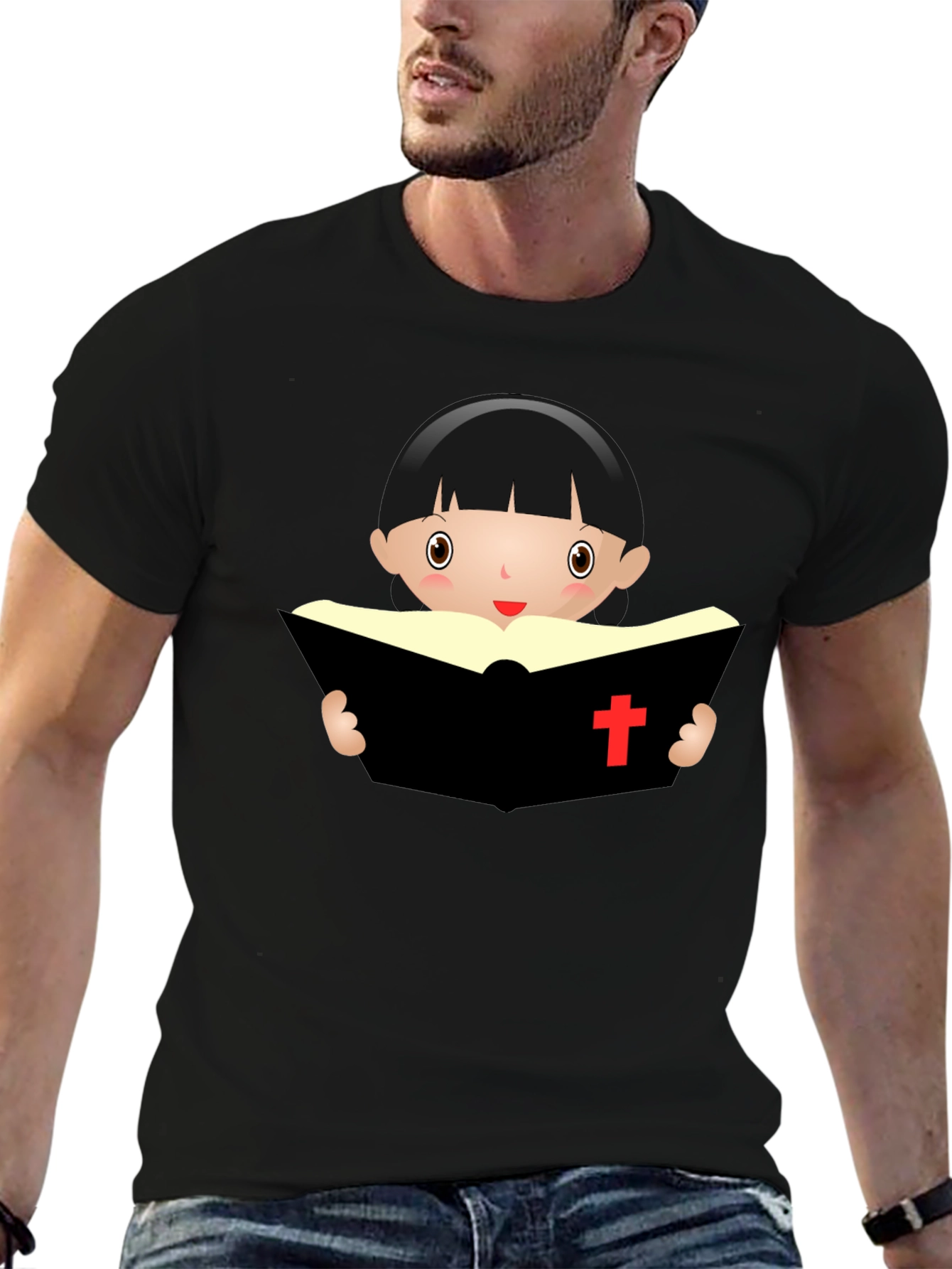 Camiseta Negra con Diseño de Niña Lectora