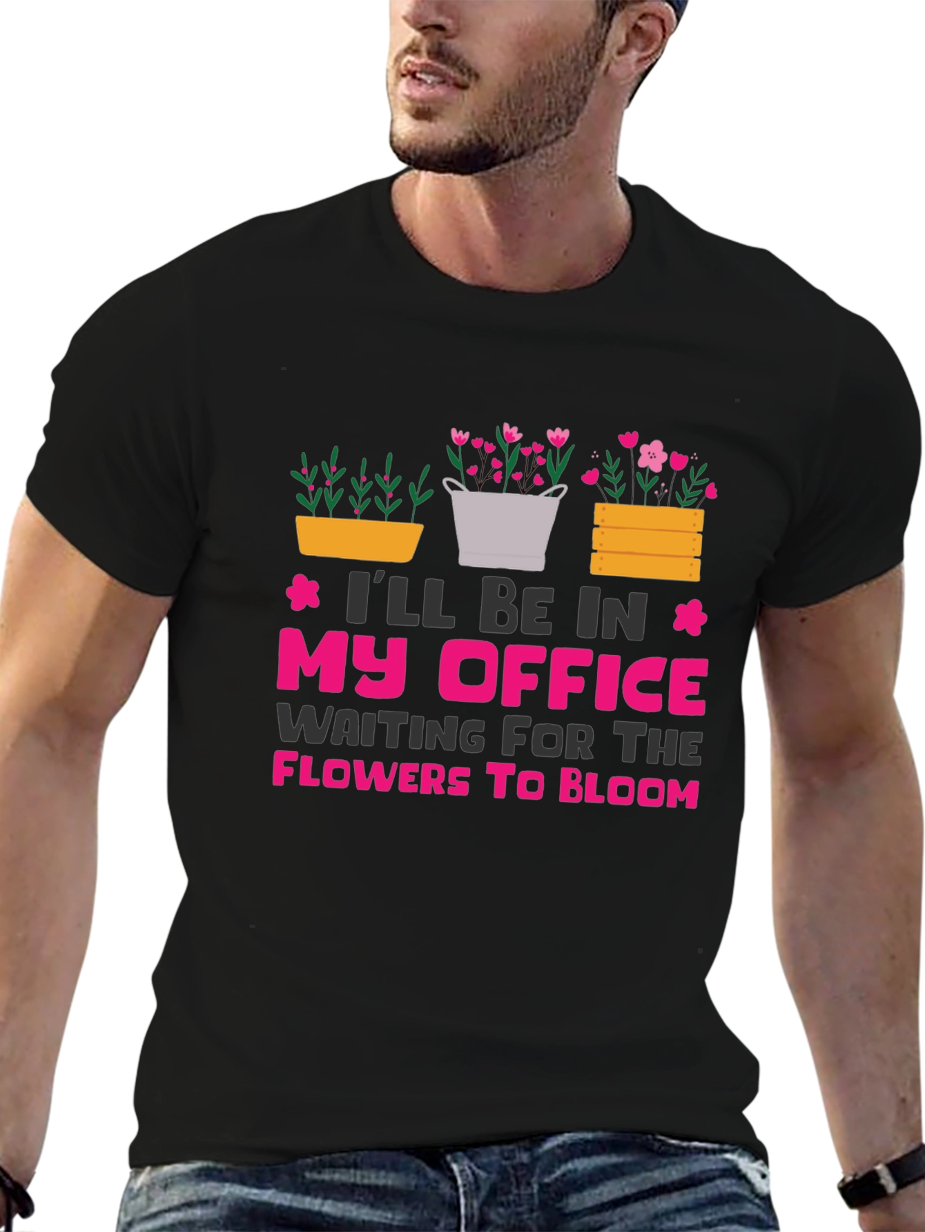 Camiseta Negra My Office Waiting For Flowers