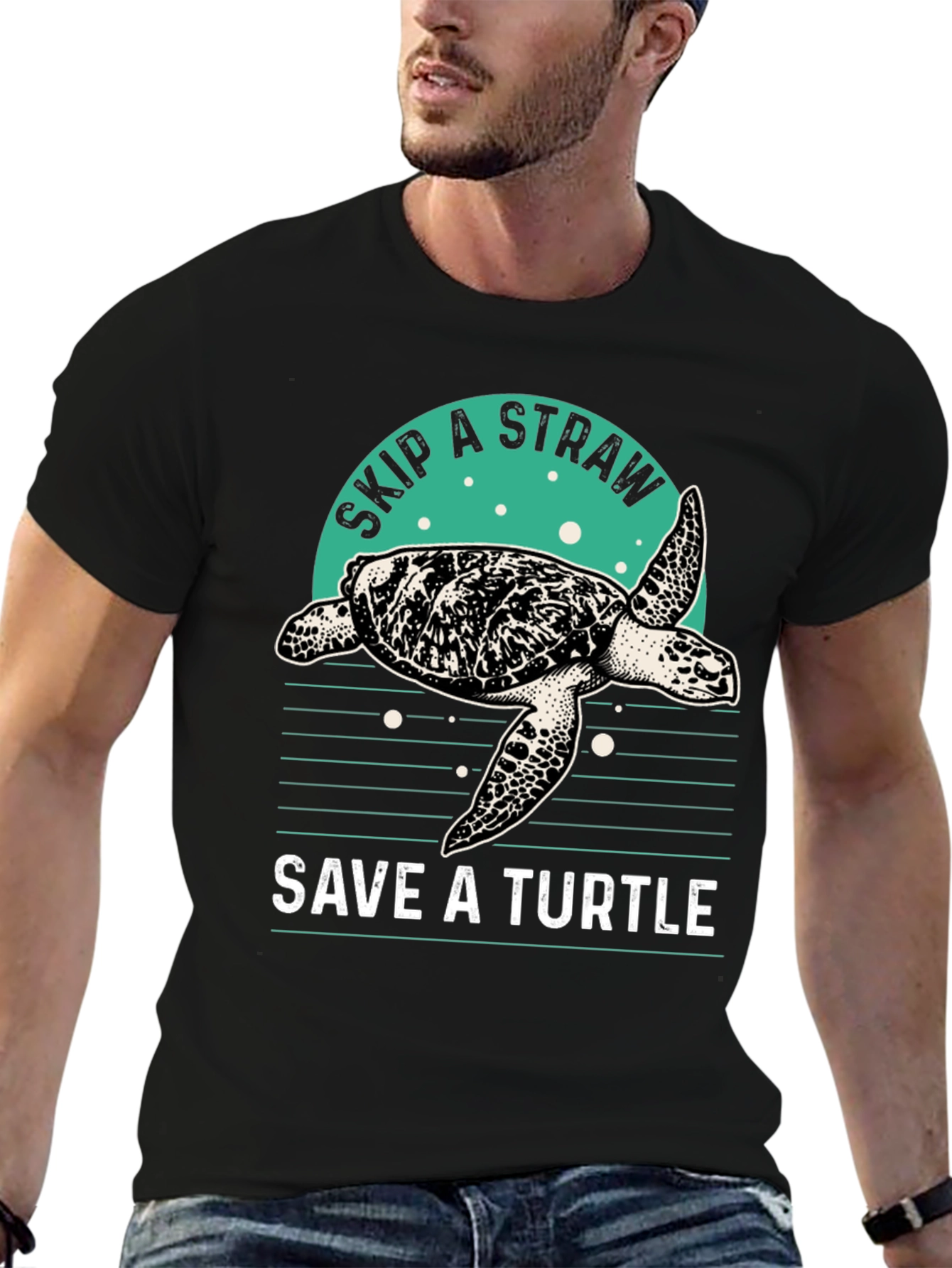 Camiseta Negra Salva una Tortuga - Ecológica