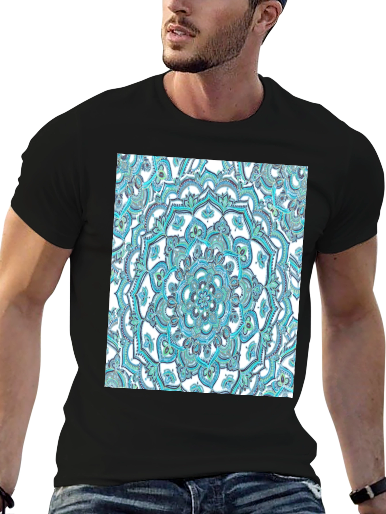 Camiseta Negra con Diseño Mandala Azul