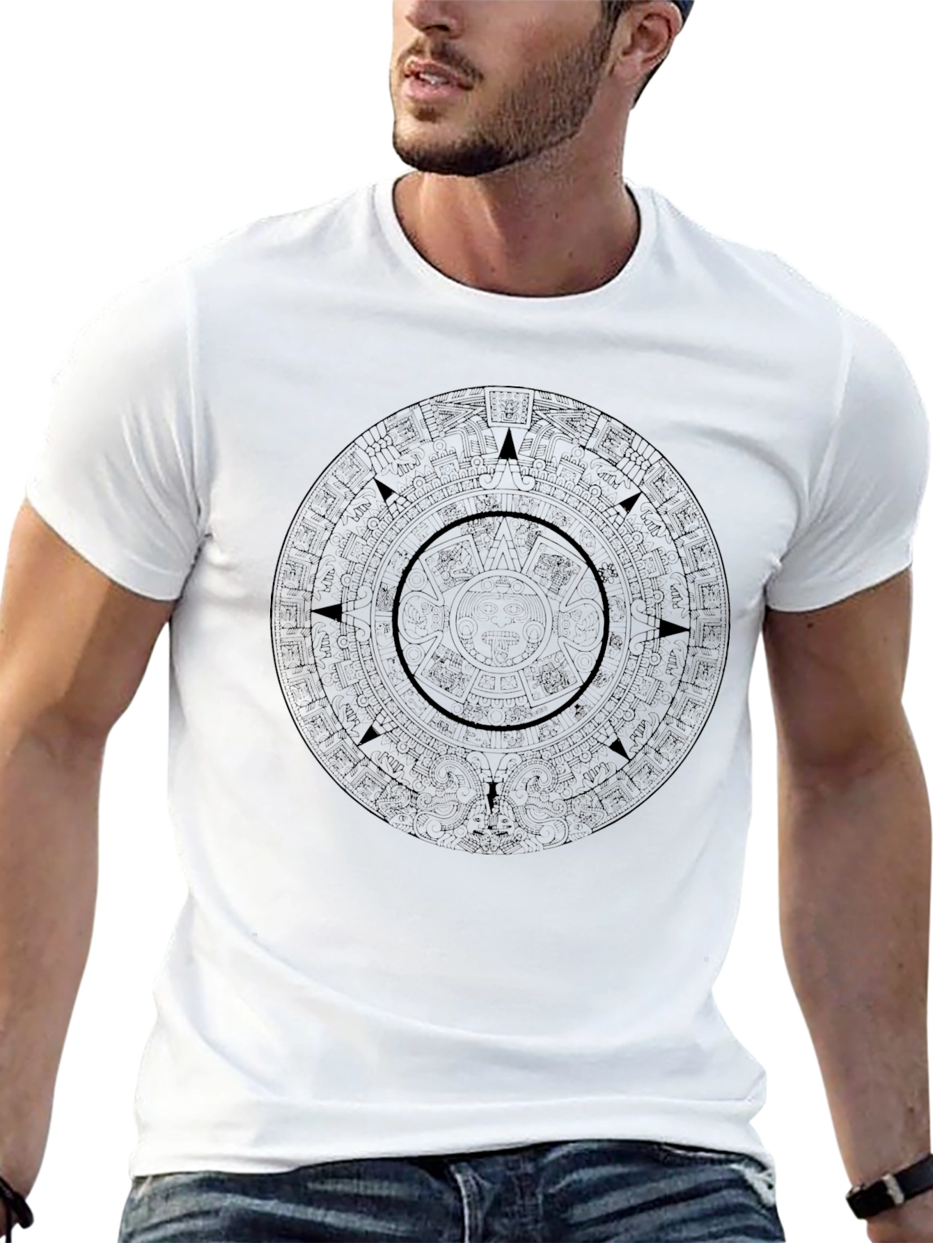 Camiseta Hombre Negra Calendario Azteca Diseño Único