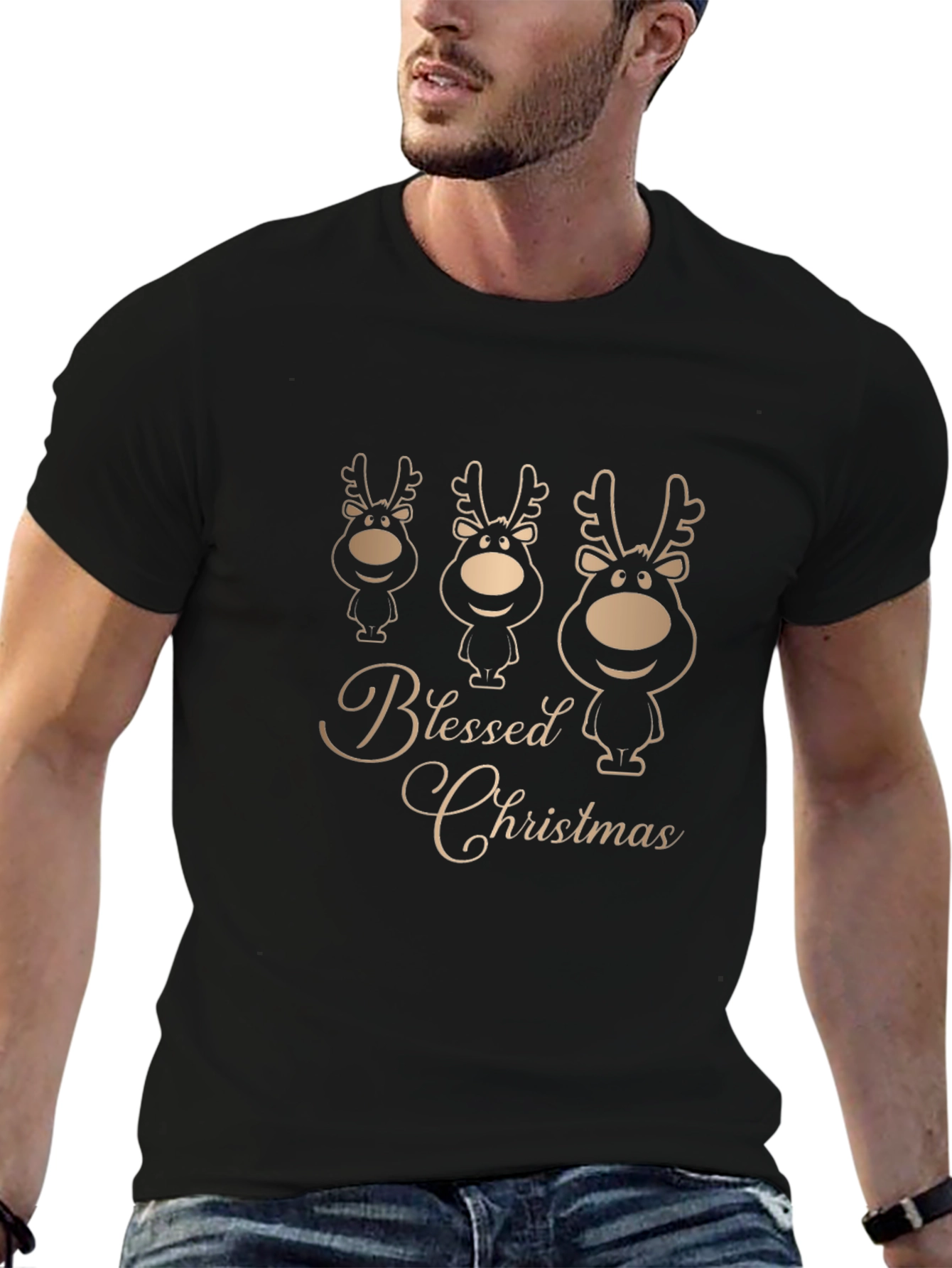 Camiseta Negra Navideña con Renos