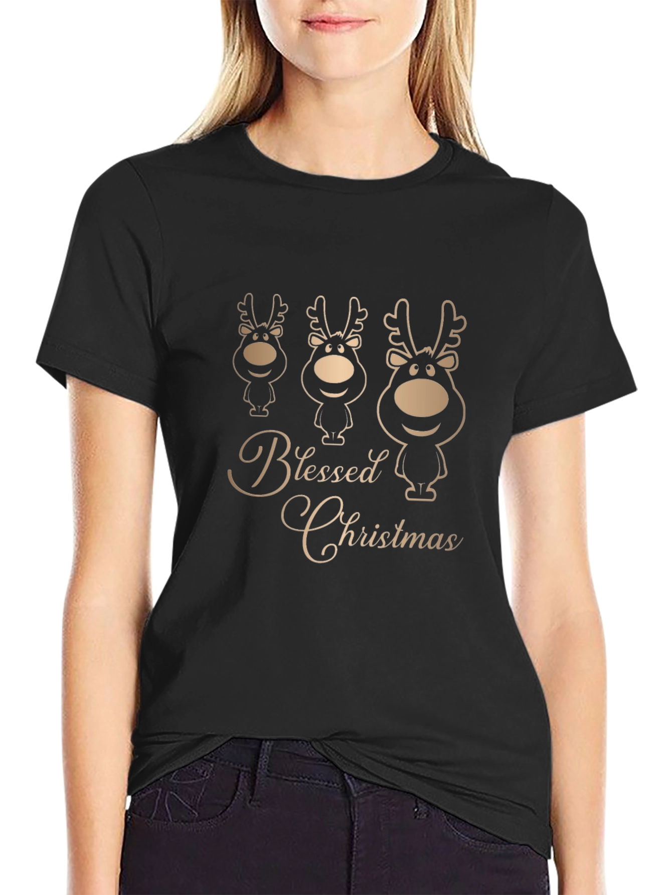 Camiseta Negra Navideña con Renos
