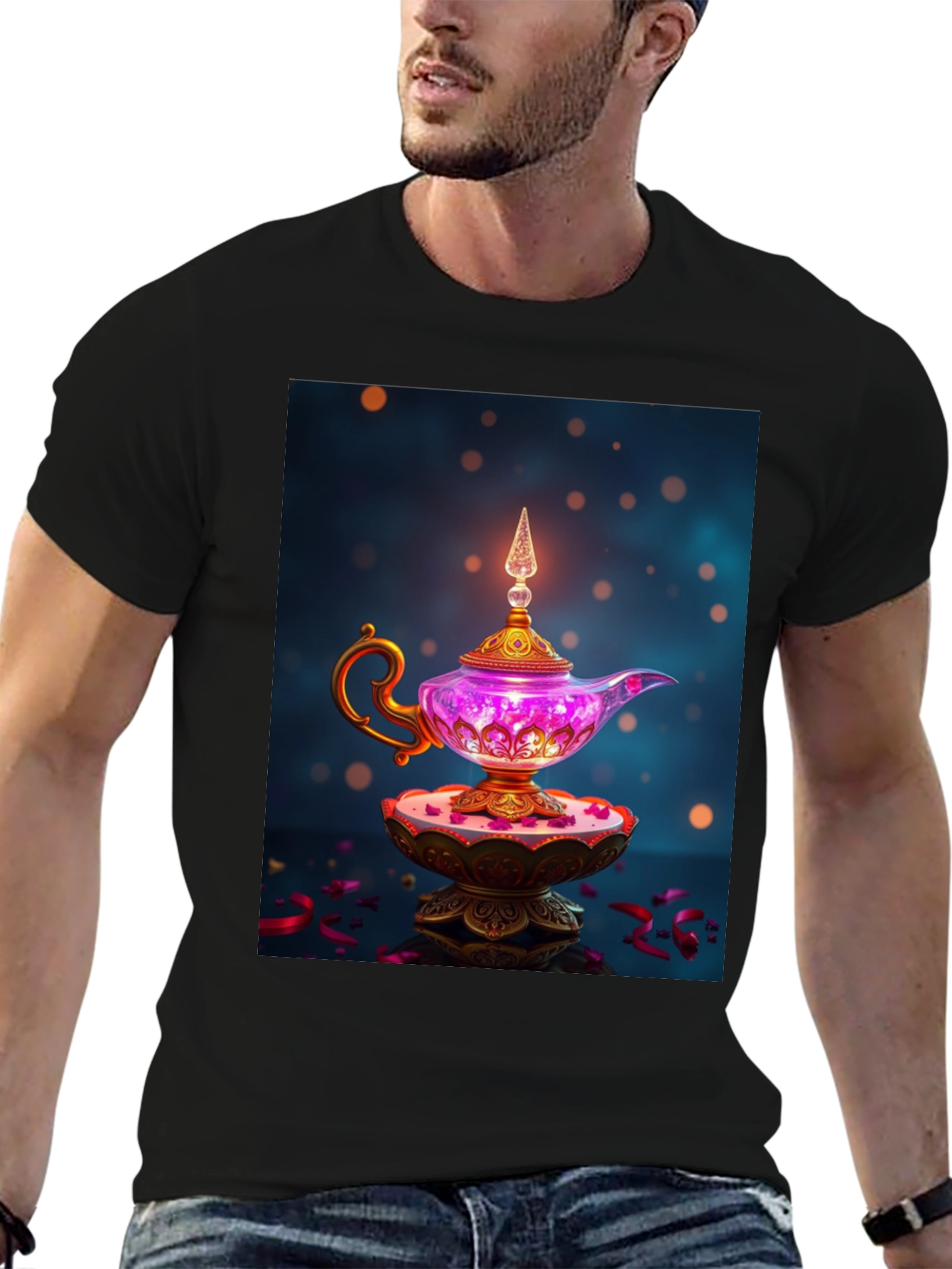 Camiseta Negra con Lámpara Mágica de Diseño