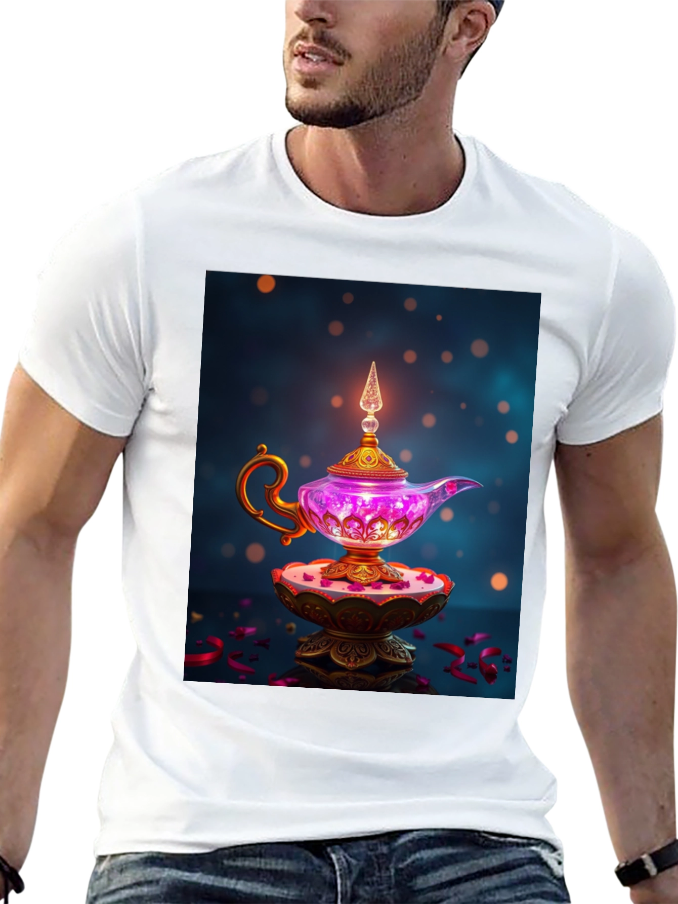 Camiseta Negra con Lámpara Mágica de Diseño