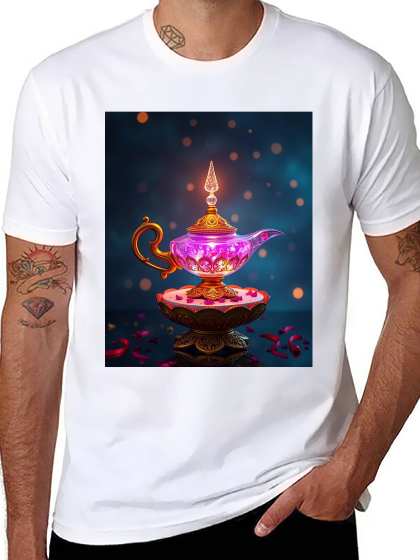 Camiseta Negra con Lámpara Mágica de Diseño
