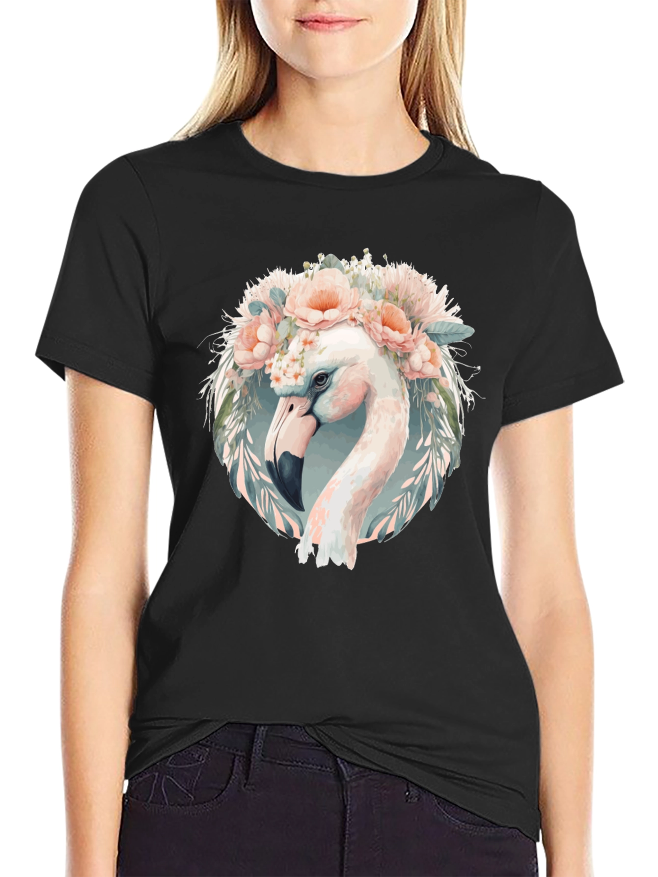 Camiseta Negra con Diseño de Flamenco Floral