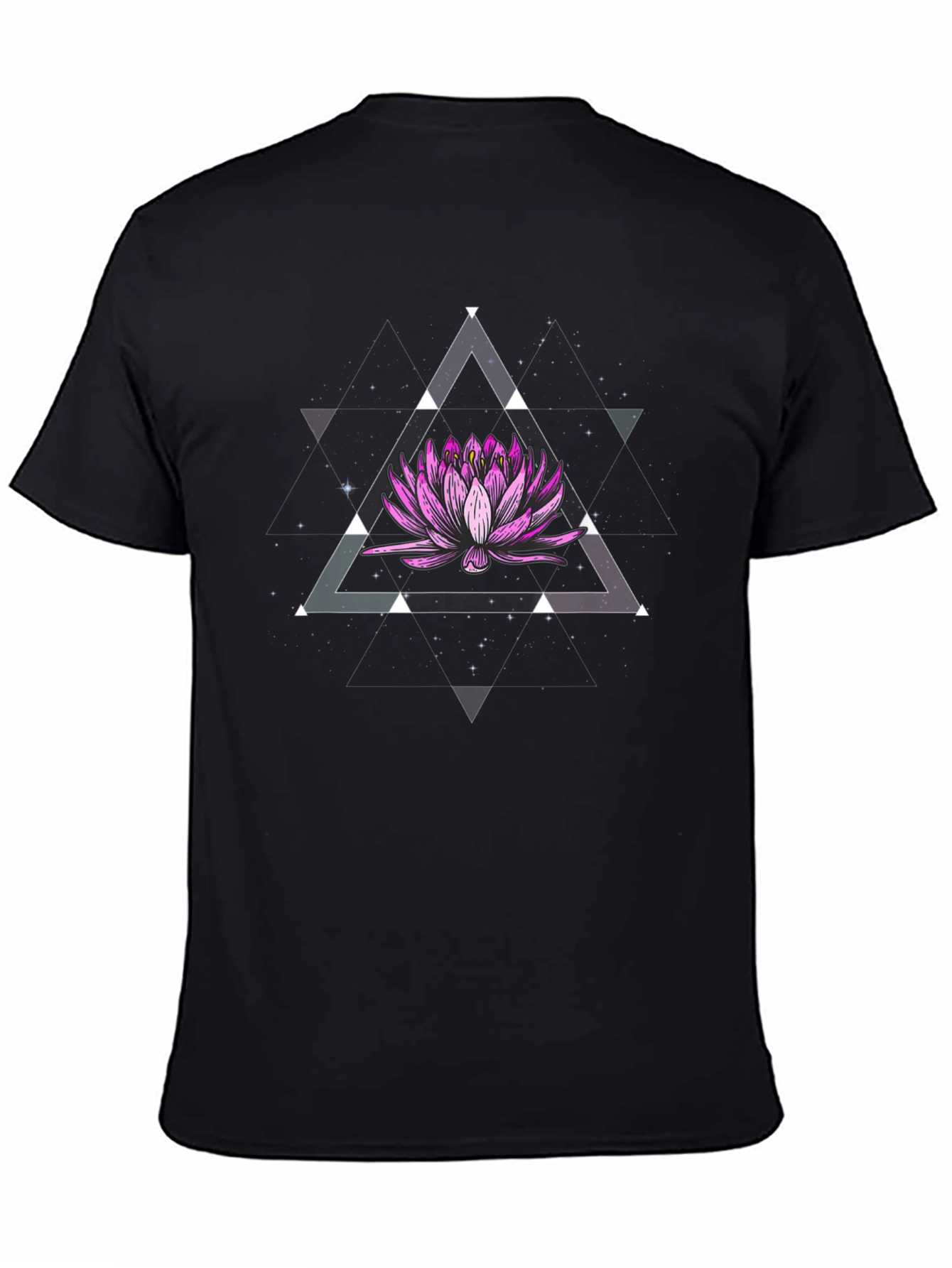 Camiseta Negra con Diseño Floral Geométrico Espacial