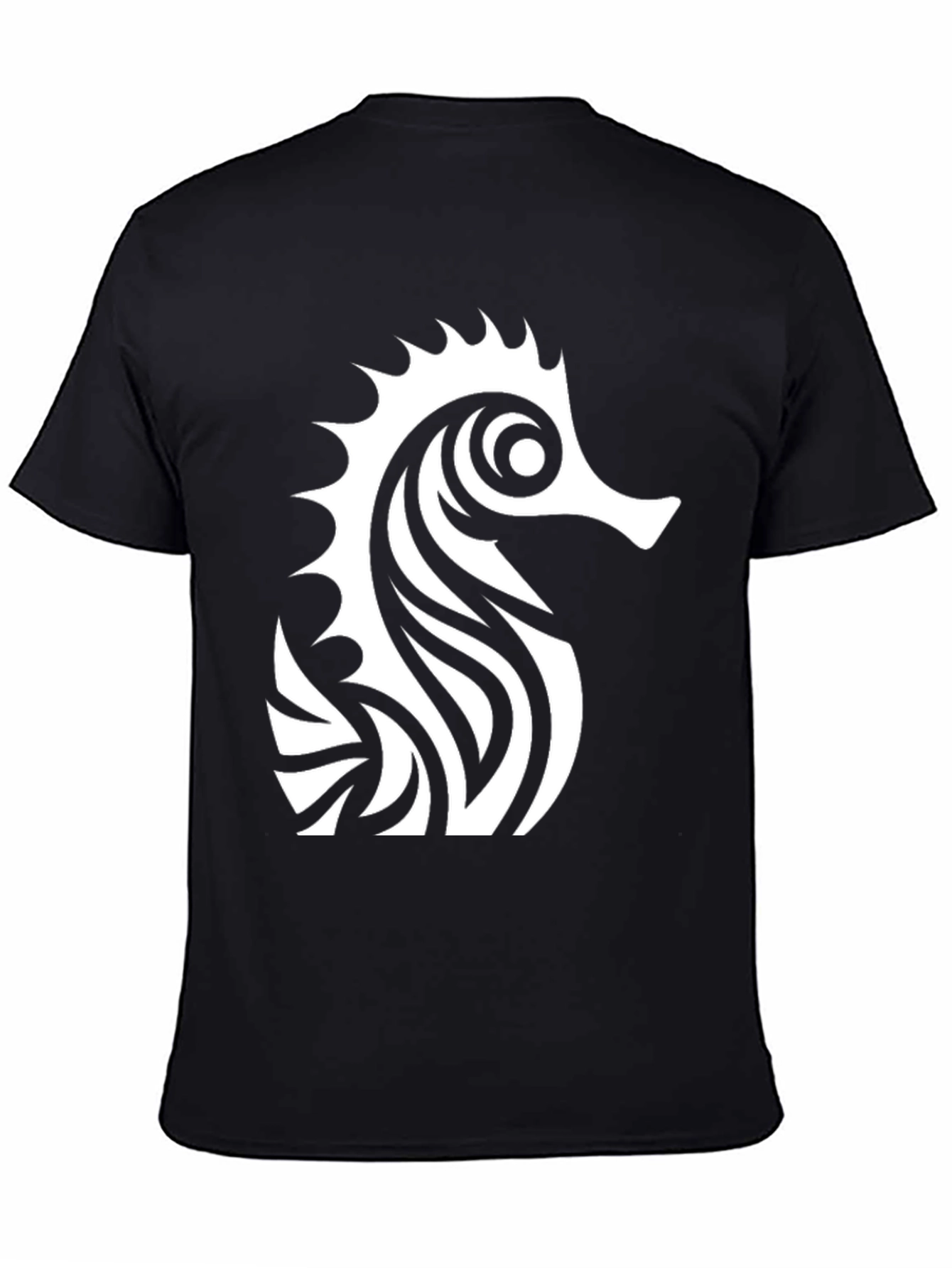 Camiseta Negra con Diseño de Caballito de Mar Tribal