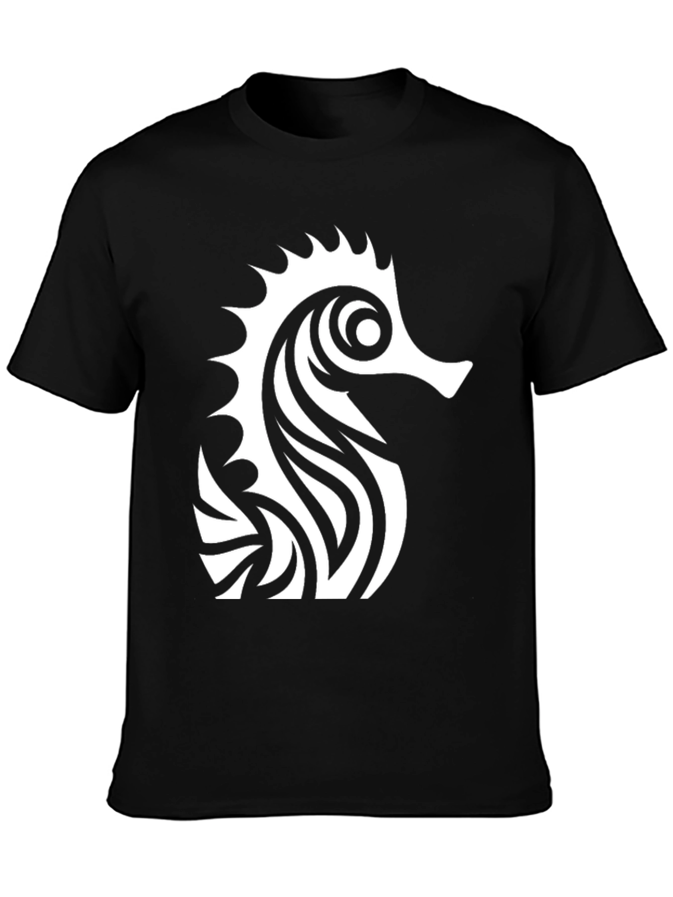 Camiseta Negra con Diseño de Caballito de Mar Tribal
