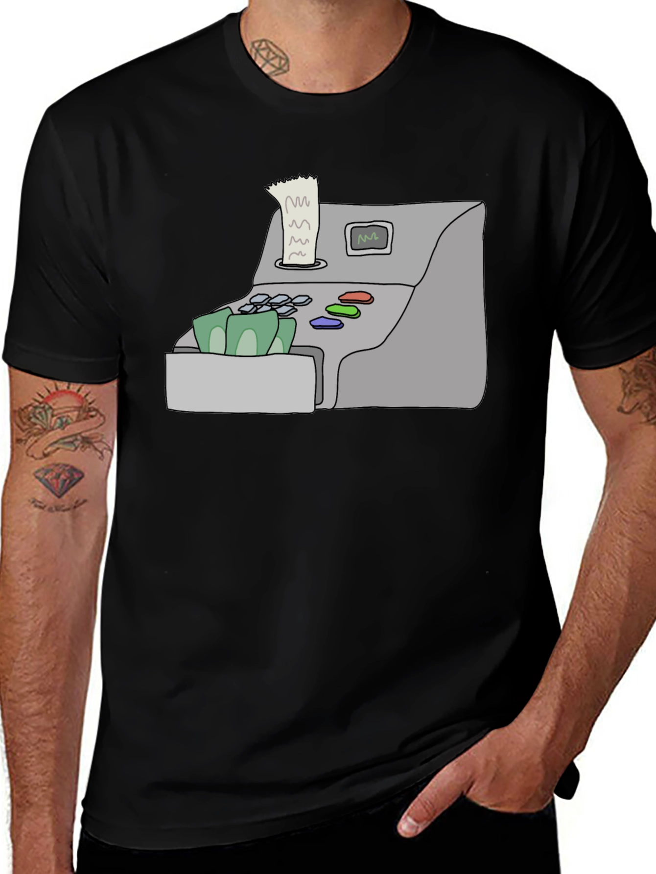 Camiseta Negra con Diseño de Caja Registradora