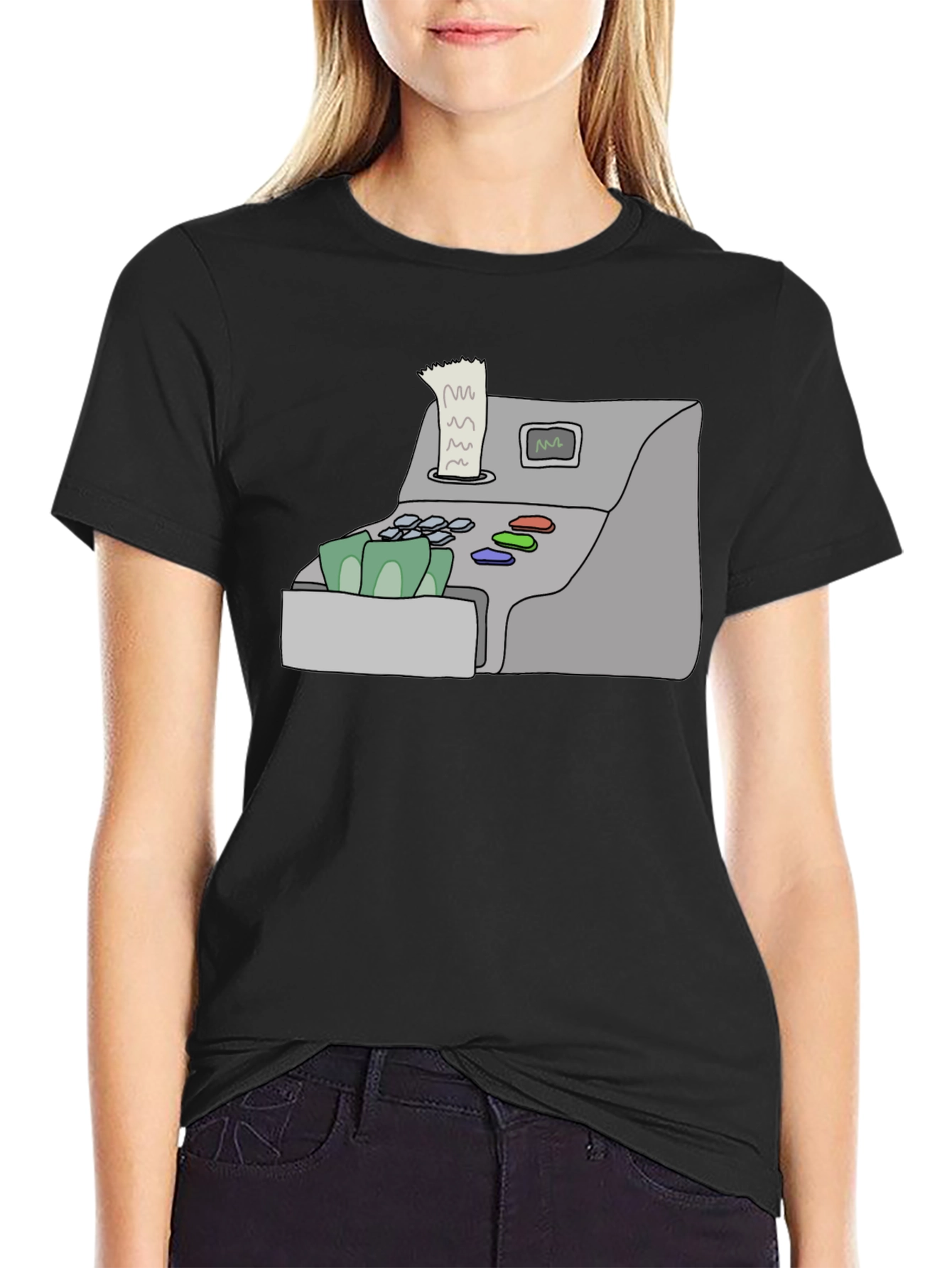 Camiseta Negra con Diseño de Caja Registradora