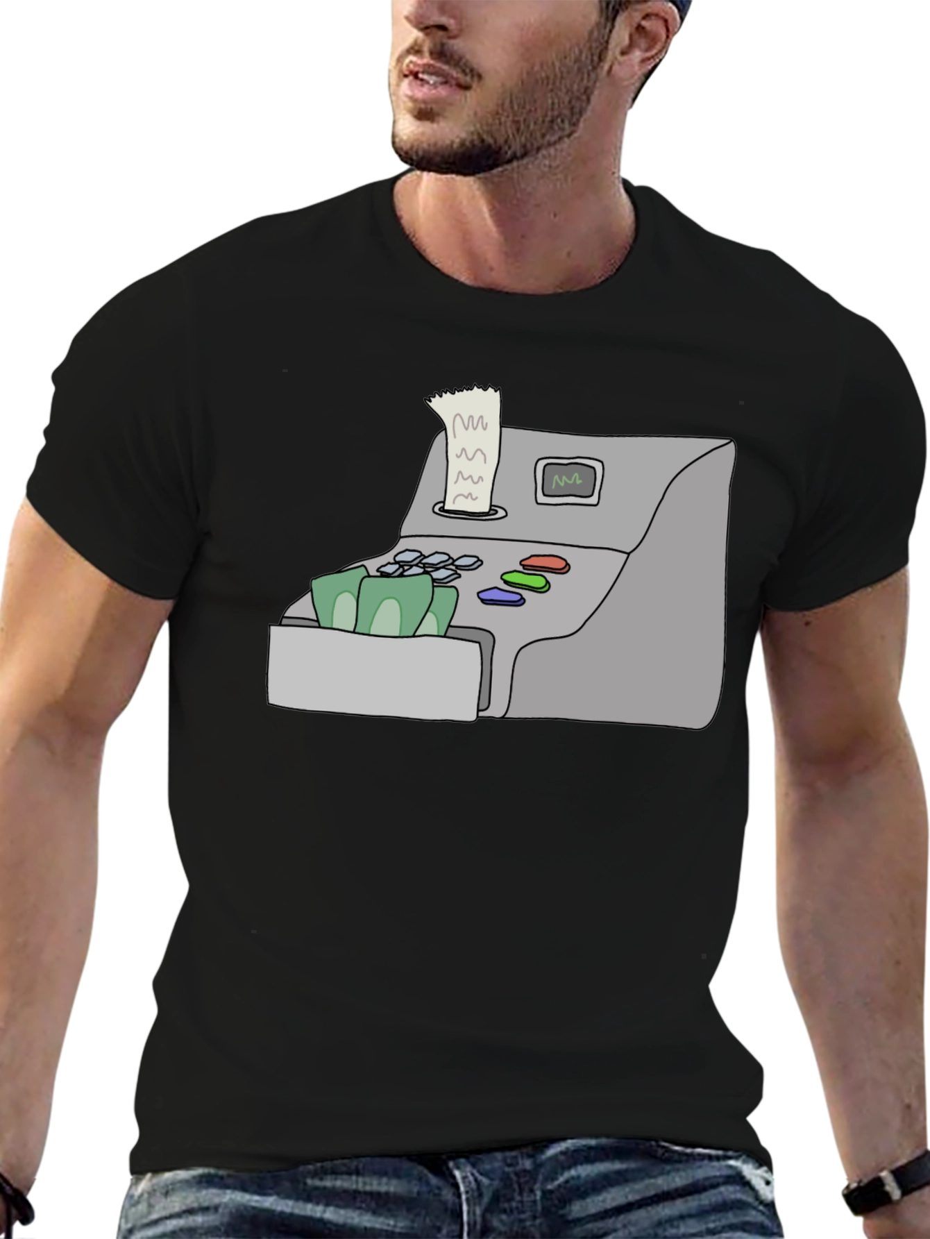 Camiseta Negra con Diseño de Caja Registradora