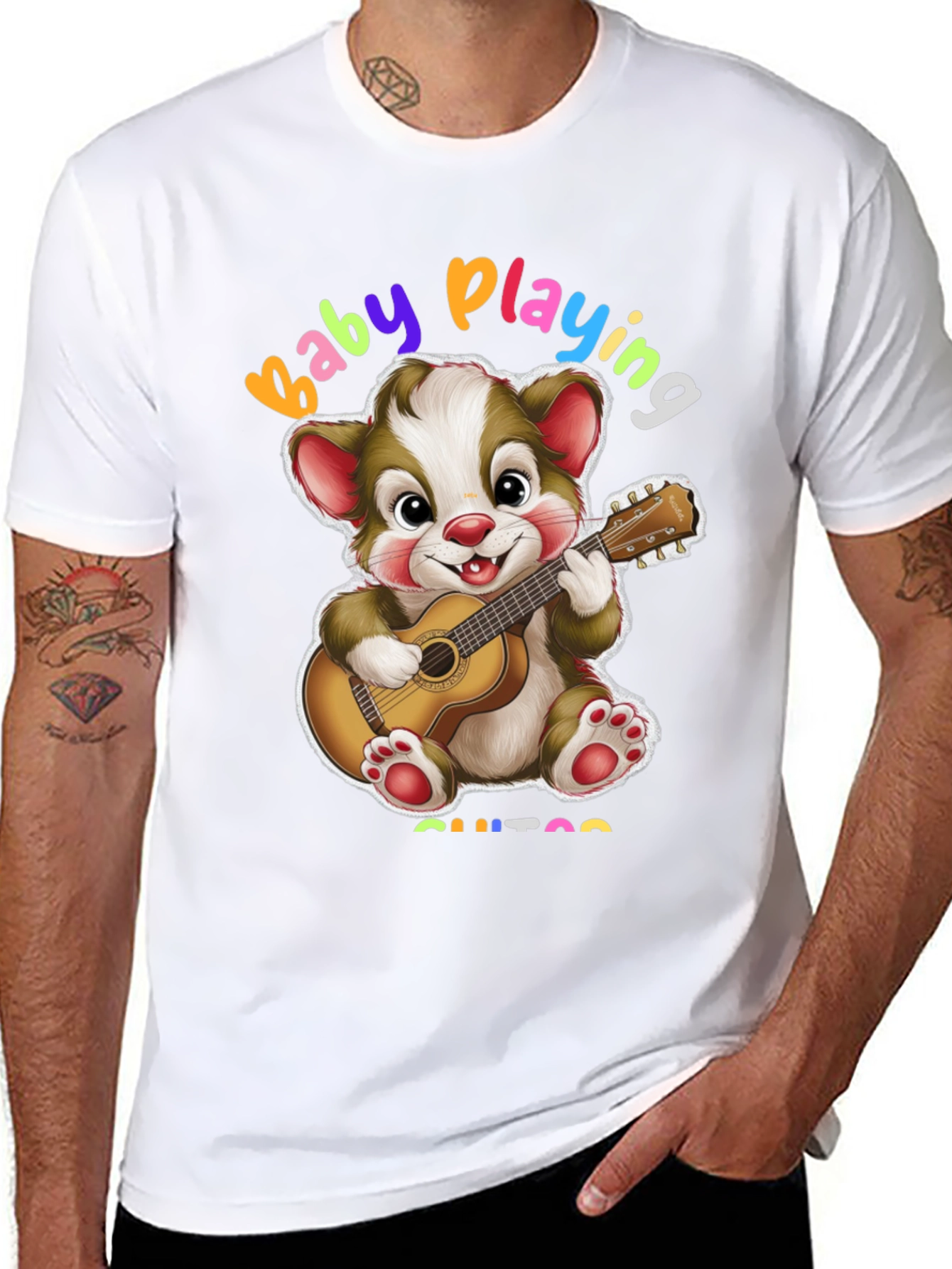 Camiseta Negra con Diseño de Oso Guitarrista