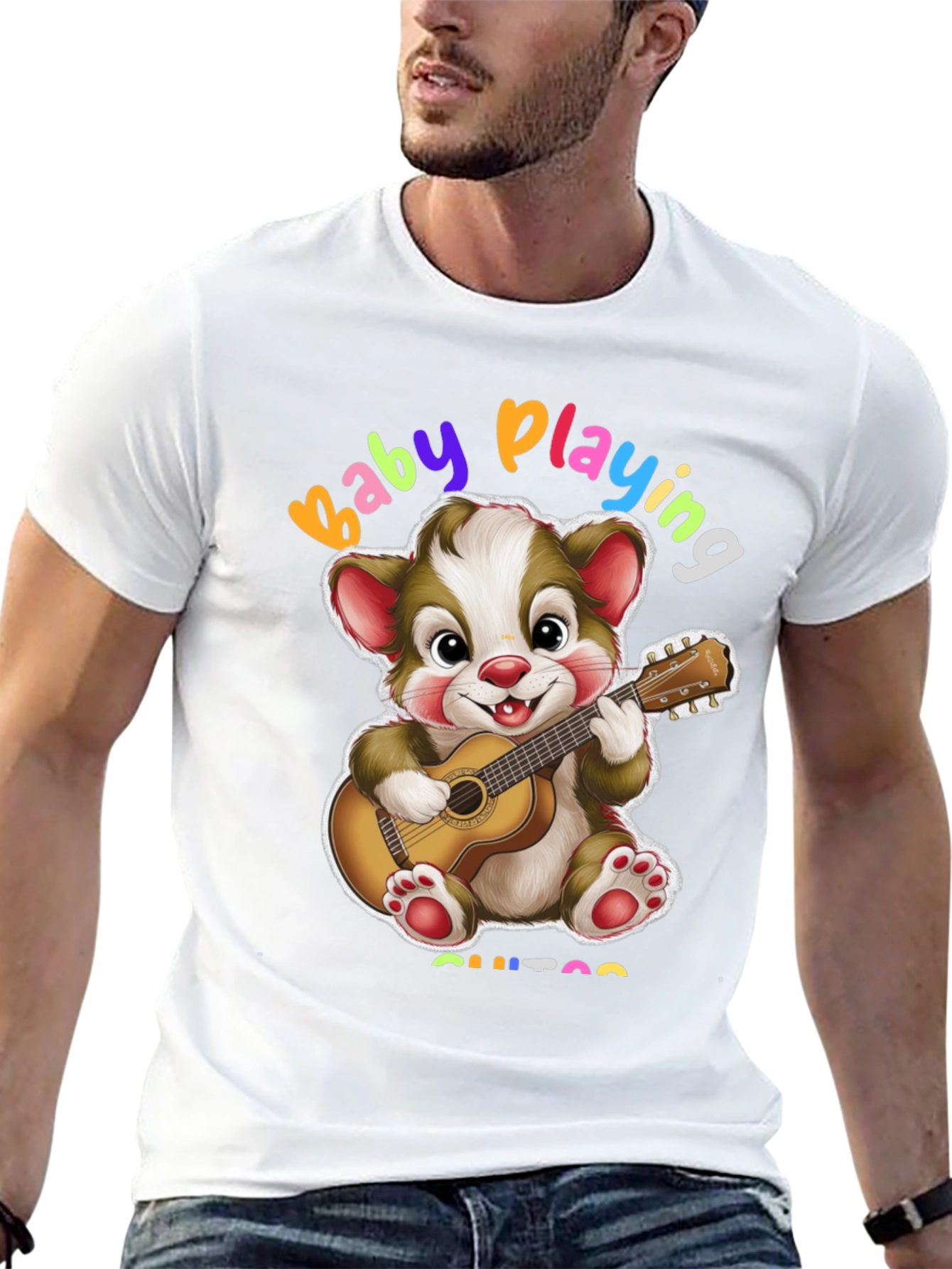 Camiseta Negra con Diseño de Oso Guitarrista
