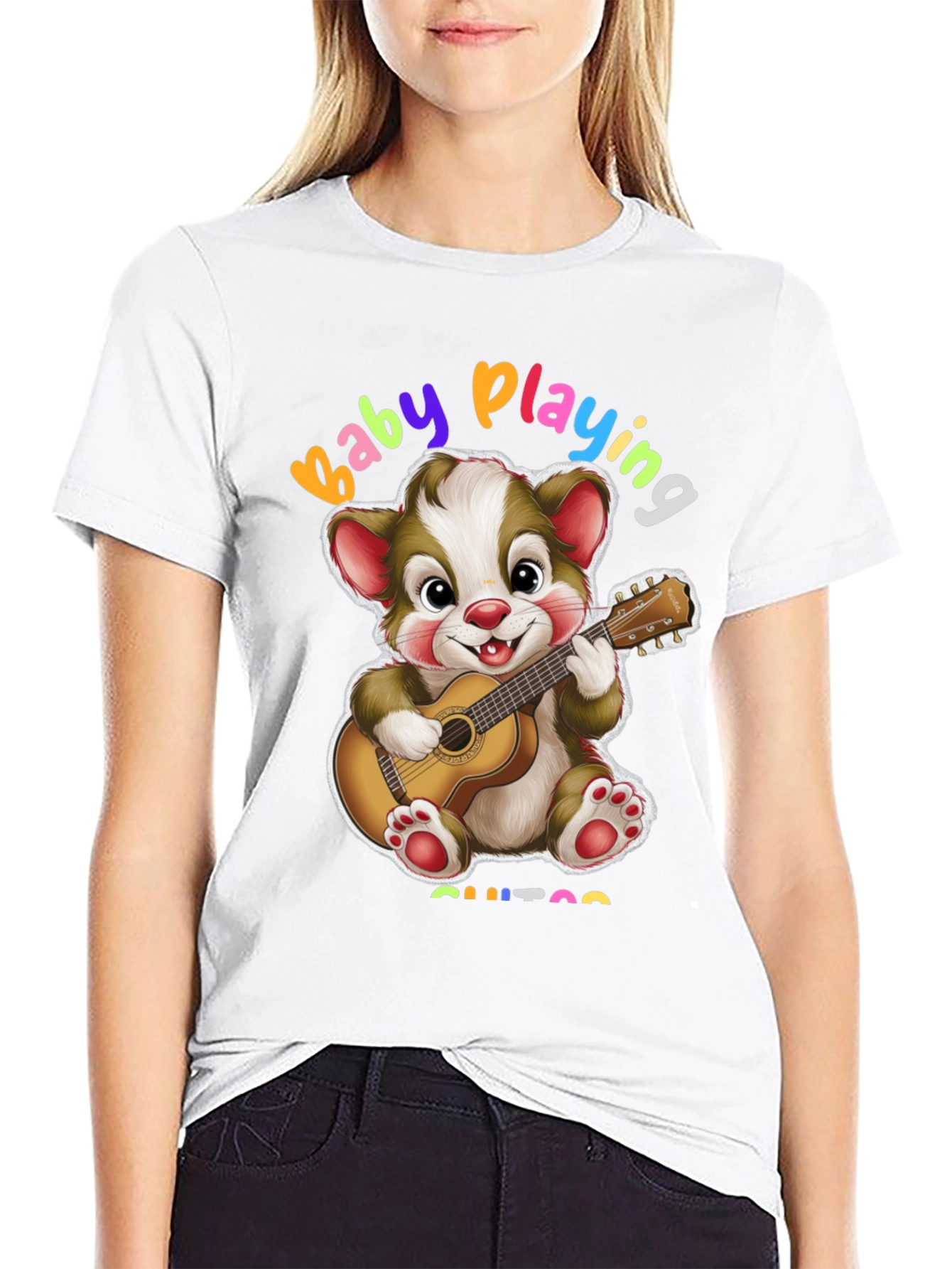 Camiseta Negra con Diseño de Oso Guitarrista